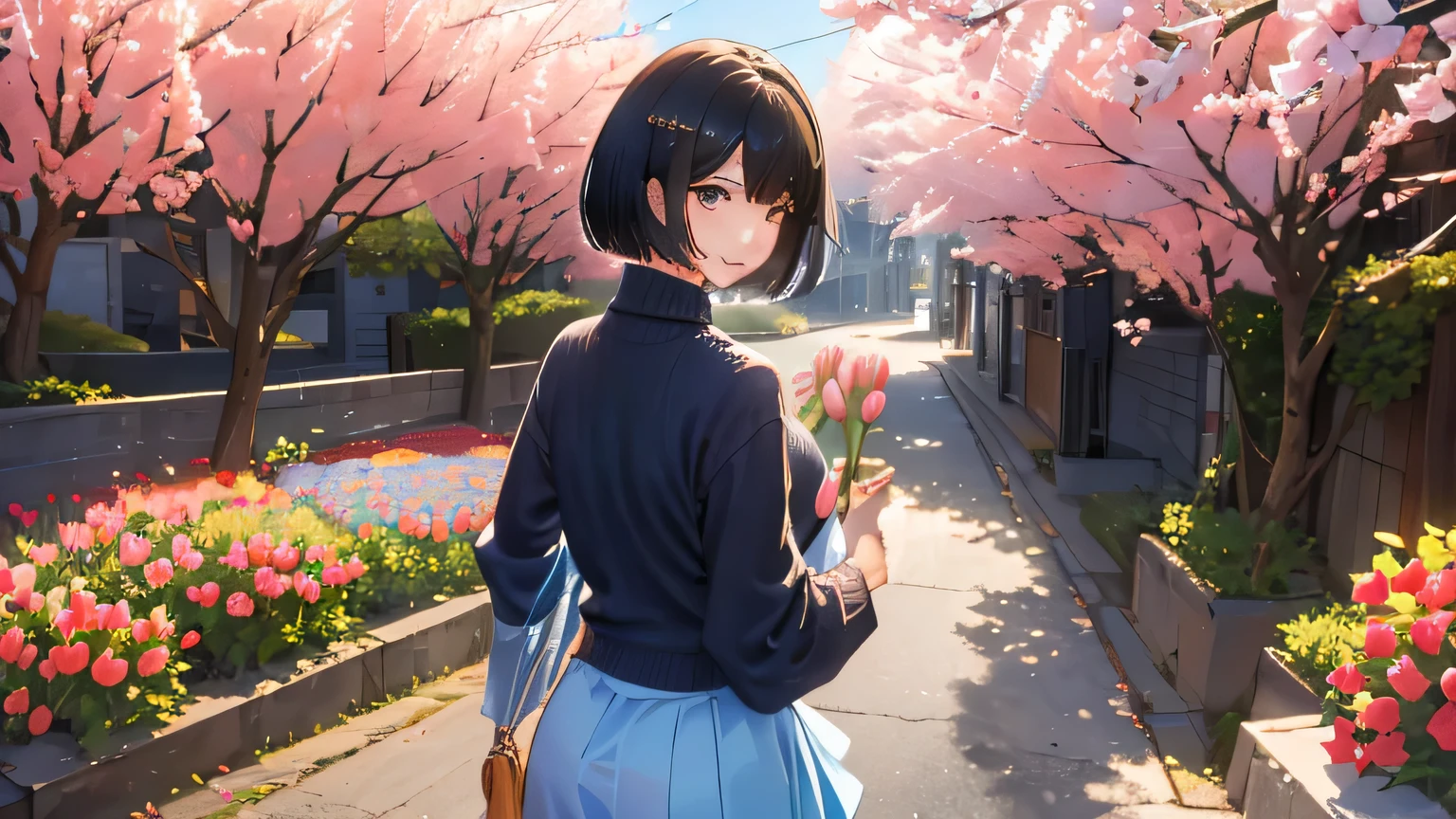 1 female、28 years old、beautiful hair, black hair、shortcut、bob cut、dignified eyes、eyeliner is clear、big smile、Rear view、Viewers are watching her from behind、She stares at the viewer、light blue knit sweater、white long skirt、The location is a park street with tulips and Dutch windmills..、1 femaleで歩いている、The screen shows her from the chest up..