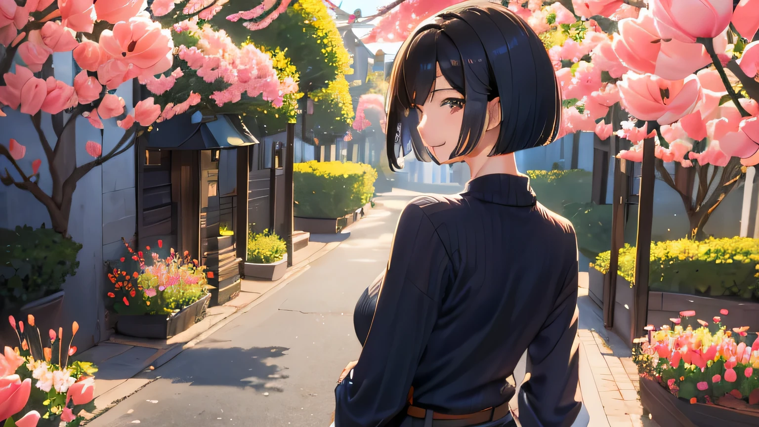 1 female、28 years old、beautiful hair, black hair、shortcut、bob cut、dignified eyes、eyeliner is clear、big smile、Rear view、Viewers are watching her from behind、She stares at the viewer、light blue knit sweater、white long skirt、The location is a park street with tulips and Dutch windmills..、1 femaleで歩いている、The screen shows her from the chest up..