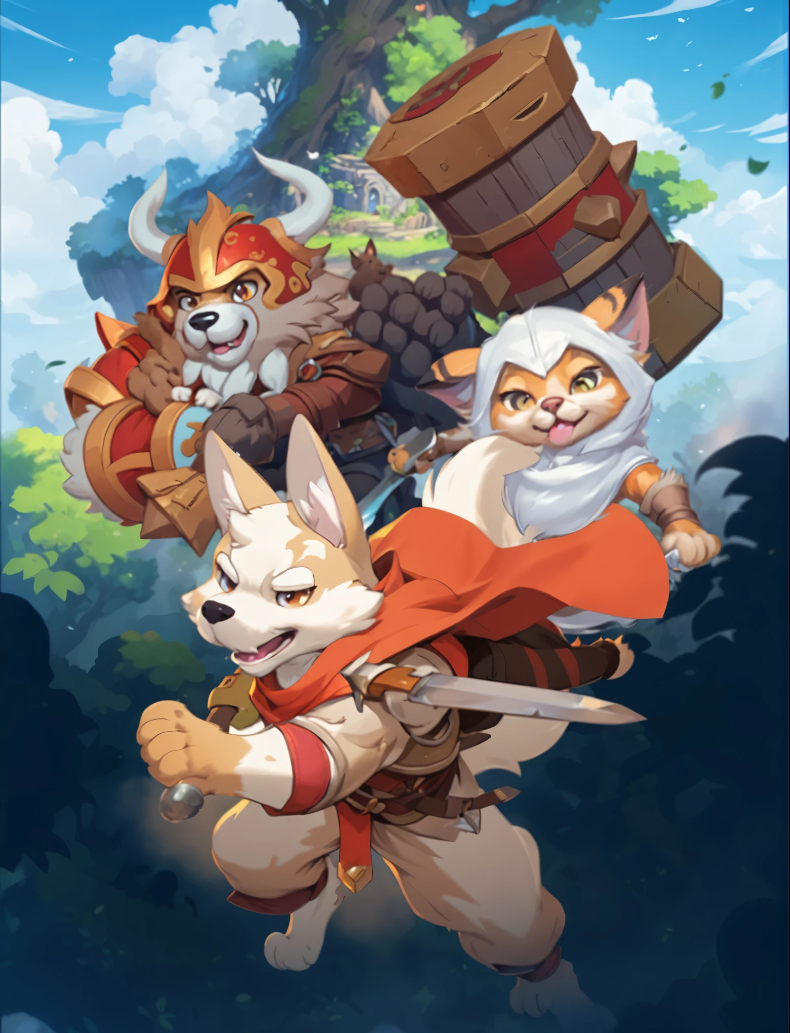 cartoon illustration of a group of cats and a dog in a forest, key art, mobile game art, splash screen art, official splash art, full art, published art, game key art, furry fantasy art, coriolios rpg art style, detailed game art, game illustration, character splash art, game art, mobile game style