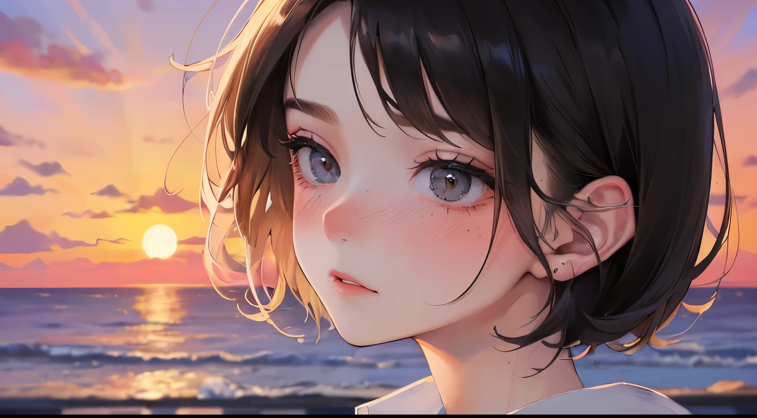 Masterpiece,best quality,  (((Evening sea background))), determined expression,((View from side))、 sailor suit、Backlight、
(((1 woman)))、(highest resolution、clear_image)、 (((blush))、best quality、((short hair)), (((sunset)))、contrast of light and shadow、((illumination))、very detailed、semi-realistic、Black shorthair、troubled face、bangs、20-year-old、office　Lady,,young、delicate facial features facial features、