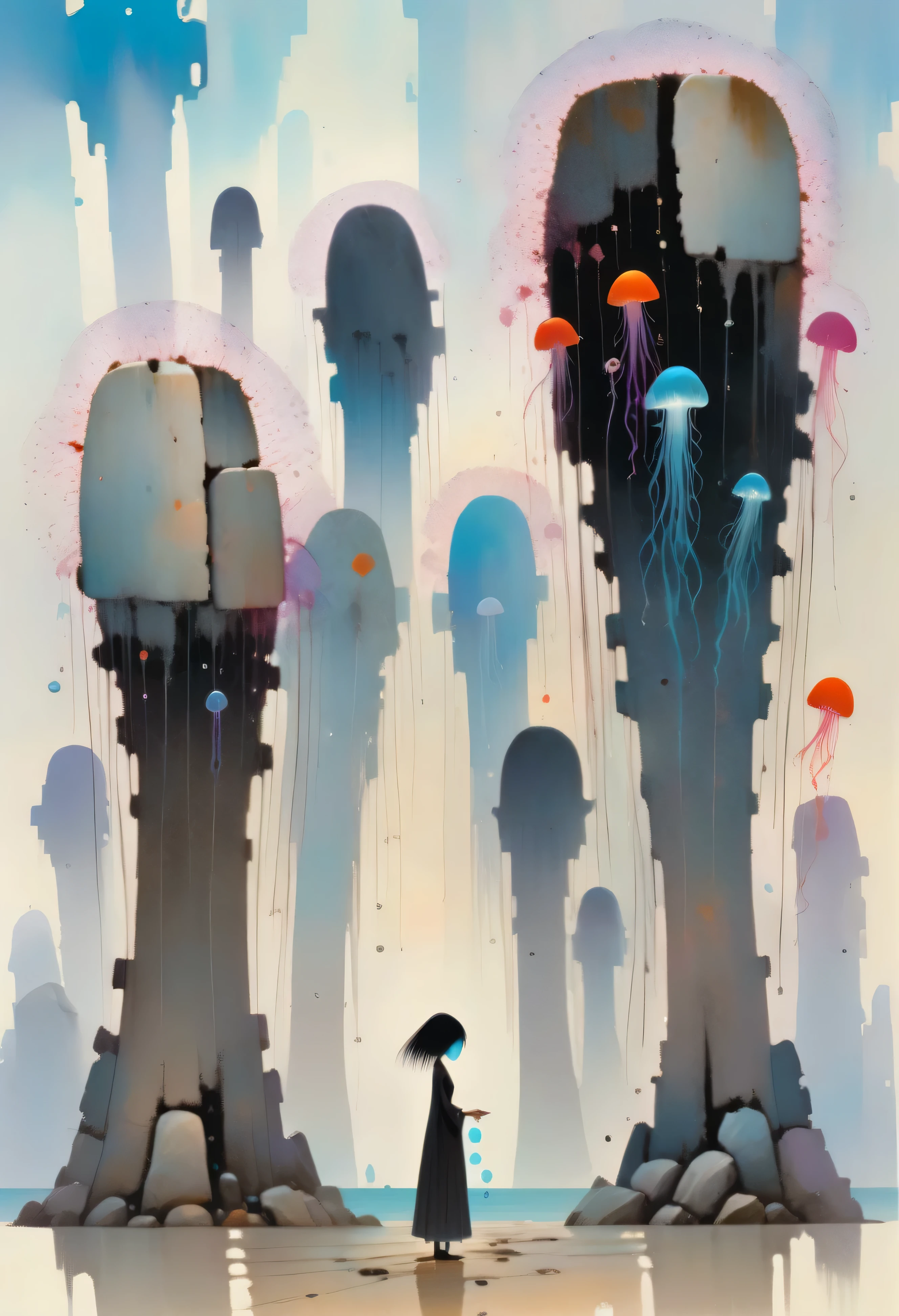 Wu Guanzhong Style painting of a woman without a face made out of stone with a light in her hand and jellyfish in the background, with a sky background, Art of Brom, magic the gathering artwork, an ultrafine detailed painting, fantasy art surreal beksinkski