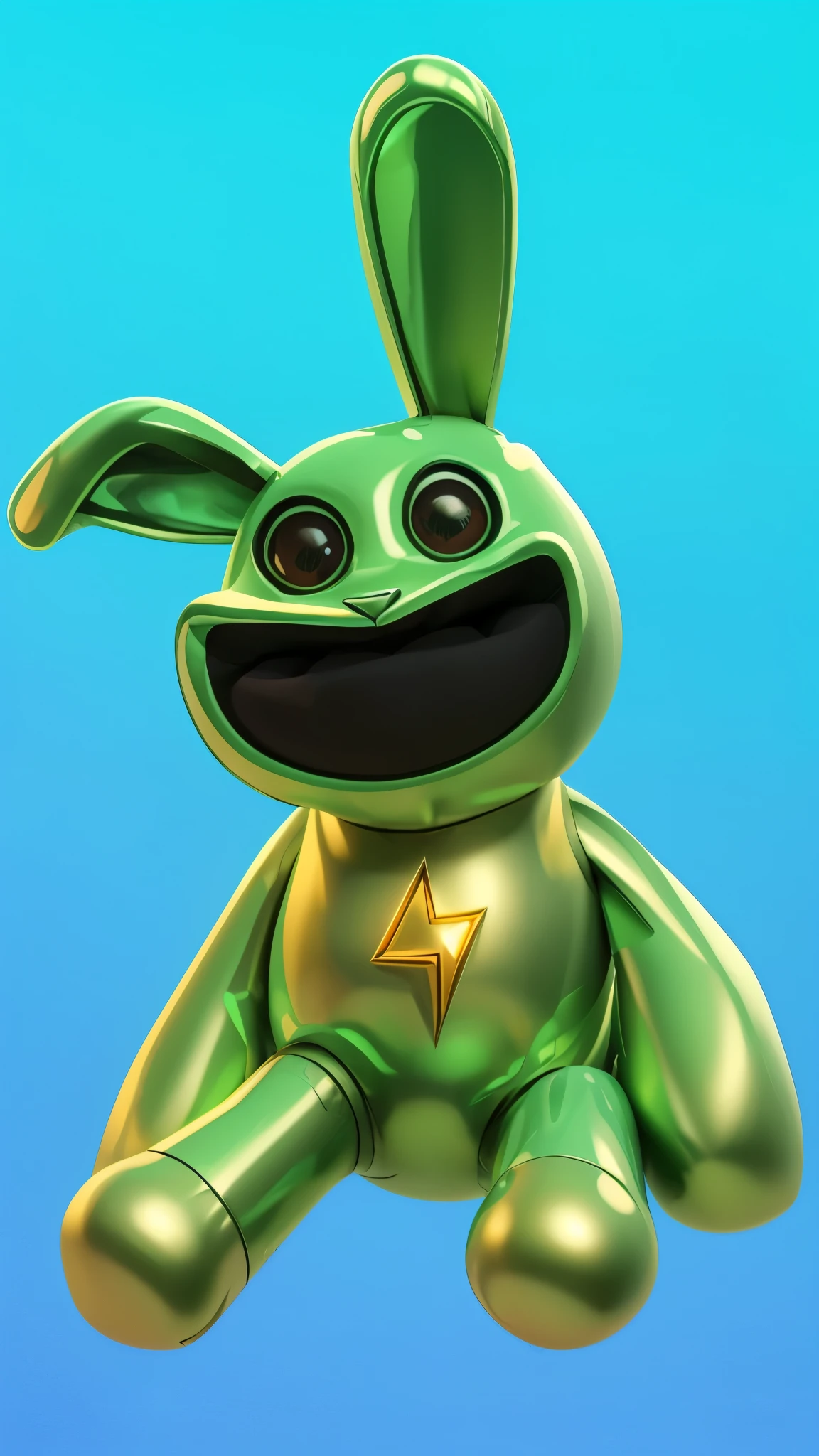 Close-up of a green toy rabbit with a star on its chest, Electricsbunny, robot rabbit, Rabbt_nature, toonix nature, anthropomorphic rabbit, милый anthropomorphic rabbit, 3D icon for mobile game, cartoon key frame rendering, cute 3D rendering, Friendly carrot cyborg, Shiny metallic, zbrush color rendering