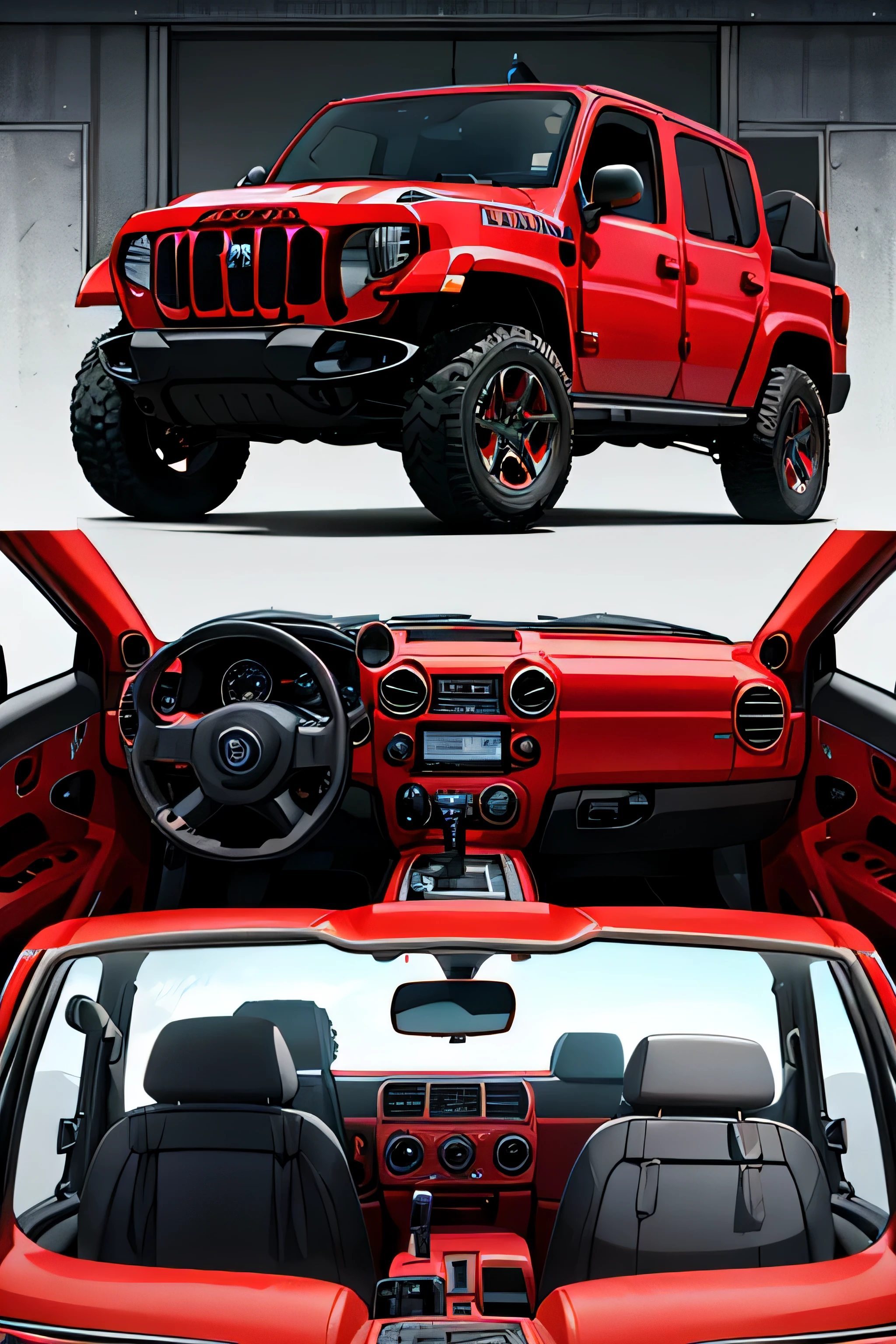 zoom in on the radio playing from within the red jeep
