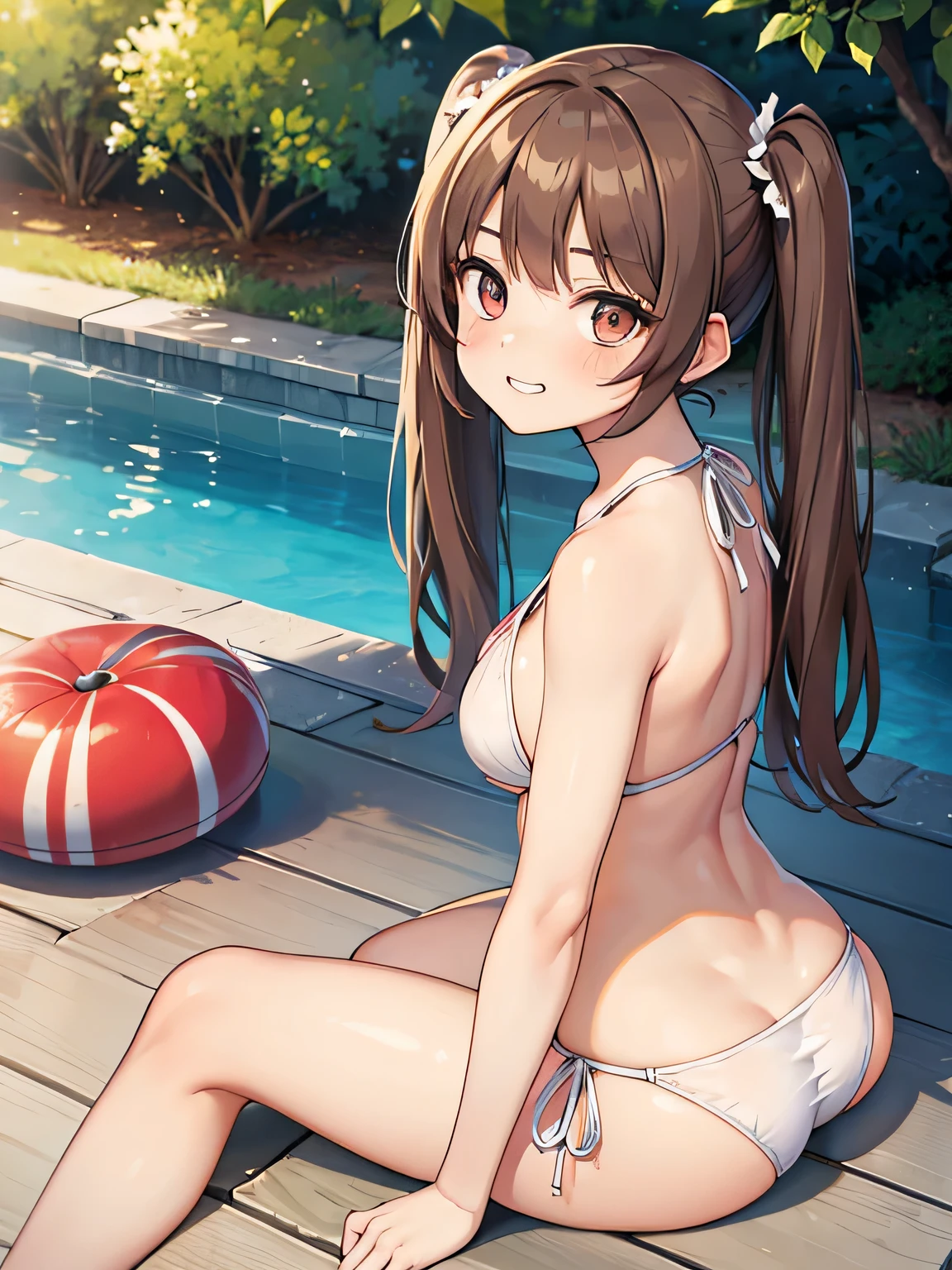 (masterpiece, highest quality, High resolution, realistic pictures, realistic skin:1.1),. 
(Wearing a white bikini swimsuit, Flip-flops at your feet, twin tails:1.1), 
1 1 girl, beautiful eyes, shining eyes, provocative, grinning expression, brown hair, medium long hair, high school girl, The location is the leisure pool
(Sit with your butt on the floor and your knees bent.:1.5),
(white bikini: 1.5),
(I々looking at her from the front:1.5),
(F cup breasts:1.5),
NSFW