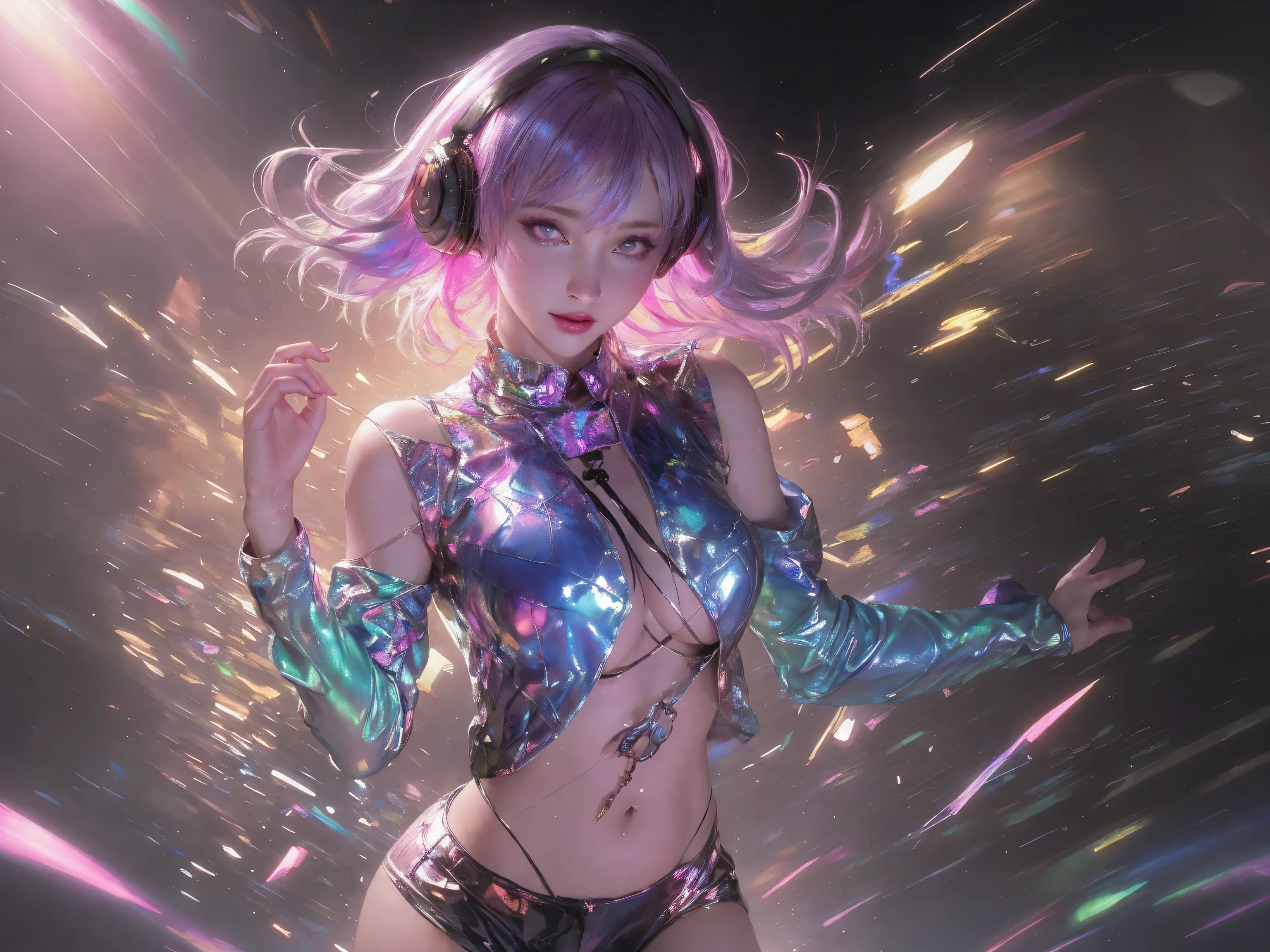 Upper body, Female DJ, colorful clothes , strange, Vibrant look, Playful accessories, creative act, Imaginative, Sensual, spontaneous, DJ headphones, Mixer, Music Club, nightclub, Indie Theatre, People dancing on dance floor background, Underground ballroom, best quality, Texture, intricate details, (movie lighting), original photo, 8k