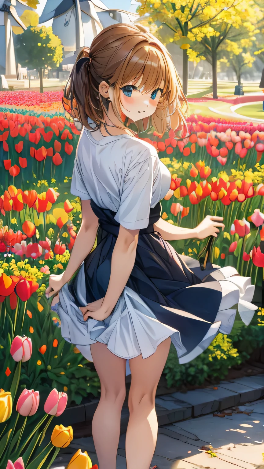 (masterpiece, best quality), 1girl, (no panties:1.5), countryside, flowy summer dress, floral patterns, bouquet of flowers, beauty of nature
