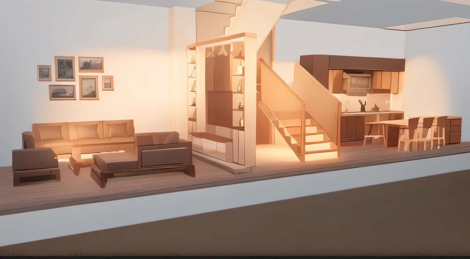 a rendering of a living room with a staircase and a dining room, 3 d rendering, 3d rendering, detailed rendering, wide establishing shot, rendered 3d model, 3/4 view realistic, furniture concept photo!!, 3d rendered model, 3 d rendered, 3d rendered, detailed renderings, pre-rendered, detailed 3d render, detailed 3 d render