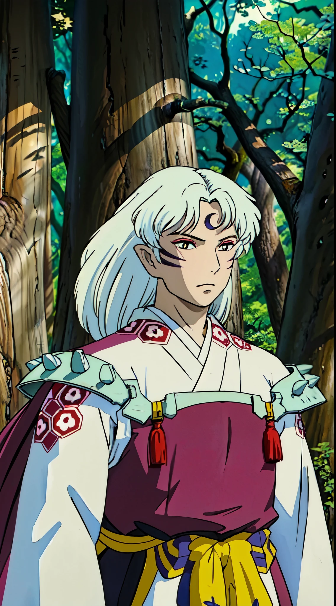 (a mature man),  sesshomaru, ((upper body, head turned to the side)), japanese forest with a shrine in the background,daytime, standing,  