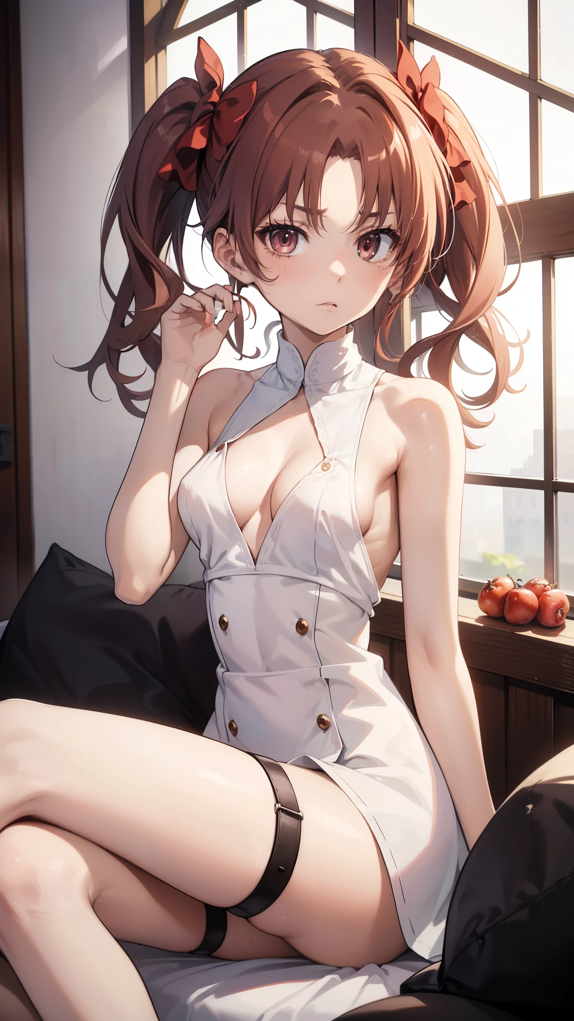 (highest quality, 8k, masterpiece, best image quality,  ultra hd, delicate and smooth skin, real looking skin, perfect and beautiful face ,perfect and cute face, high detail skin, perfect limbs、thin waist、thin legs)、nurse、on the bed、grumpy face、twin tails、brown hair、red ribbon、