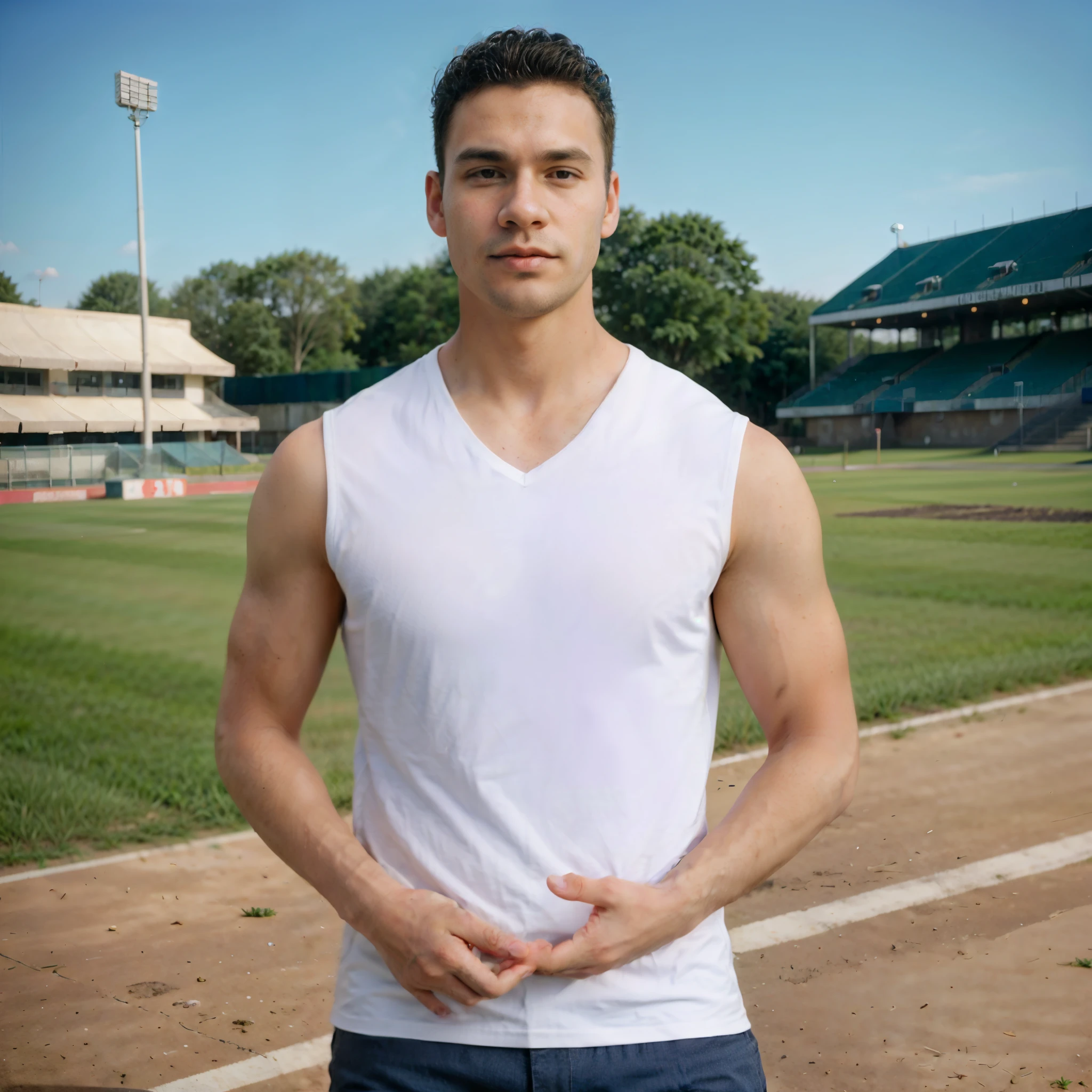 (the background is sports fields ),(((a man with short curly hair)))