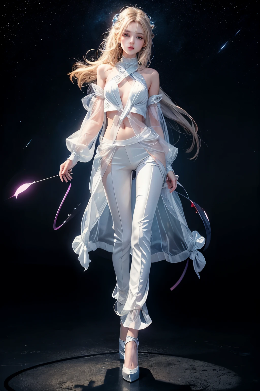 Masterpiece, a beautiful urban female model, full body white transparent clothes standing under empty night stars, disappearing transparent pants, full body standing, tall figure, slender legs, facial details, detailed body part details, 8k wallpaper