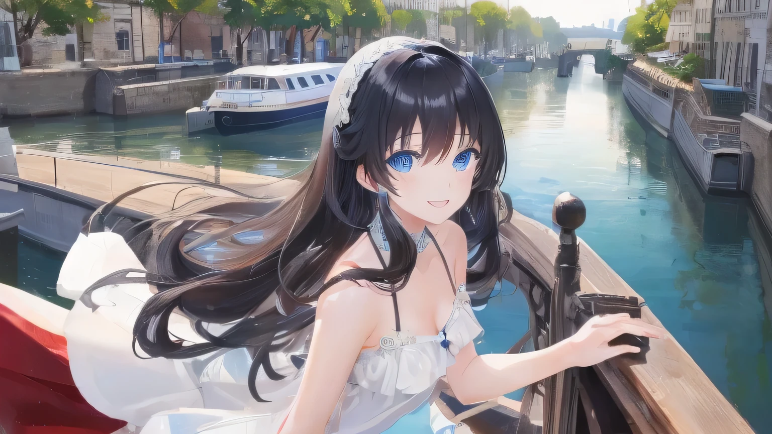 young woman、black long hair、perm from the shoulders down、blue eyes、beautiful eyes、smile、small bust、white dress、canal boat ride、