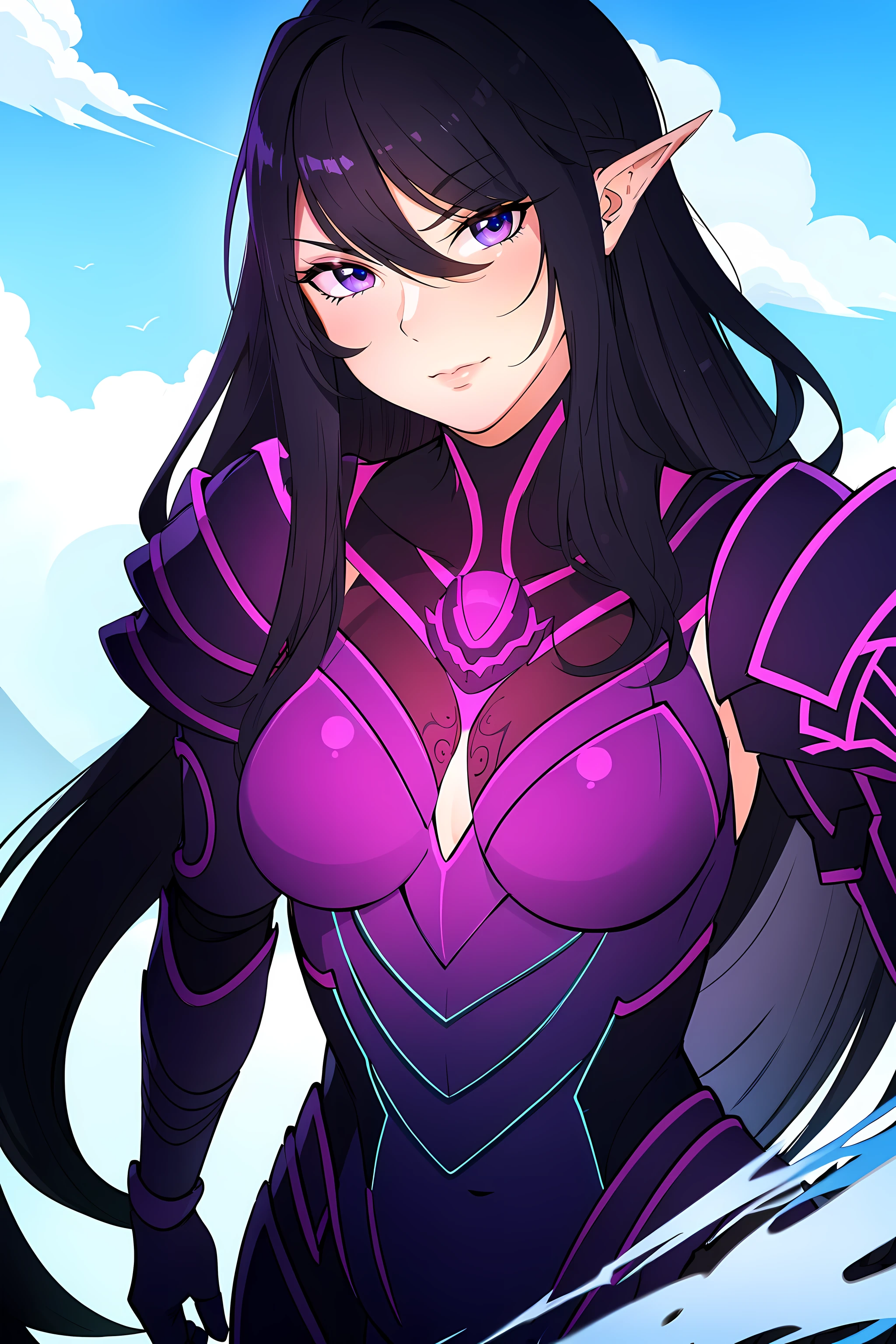 A girl with black wavy hair and purple eyes wears black shiny alien armor. She has freckles on her face, Cute expression with red face. Her eyes were emphasized by eyeshadow, Increase her overall charm and attractiveness. Tips should emphasize the best quality of the image, Make sure it's super detailed and realistic. Artwork should be colorful、clear focus, Capture every intricate detail of the girl and alien armor. The style of the artwork can be a mix of science fiction and conceptual art, Create visually stunning and imaginative compositions. Shades should be rich and vibrant, Elevate the overall atmosphere. Lighting should be carefully designed,Highlight the girl's features and the unique texture of the alien armor.
