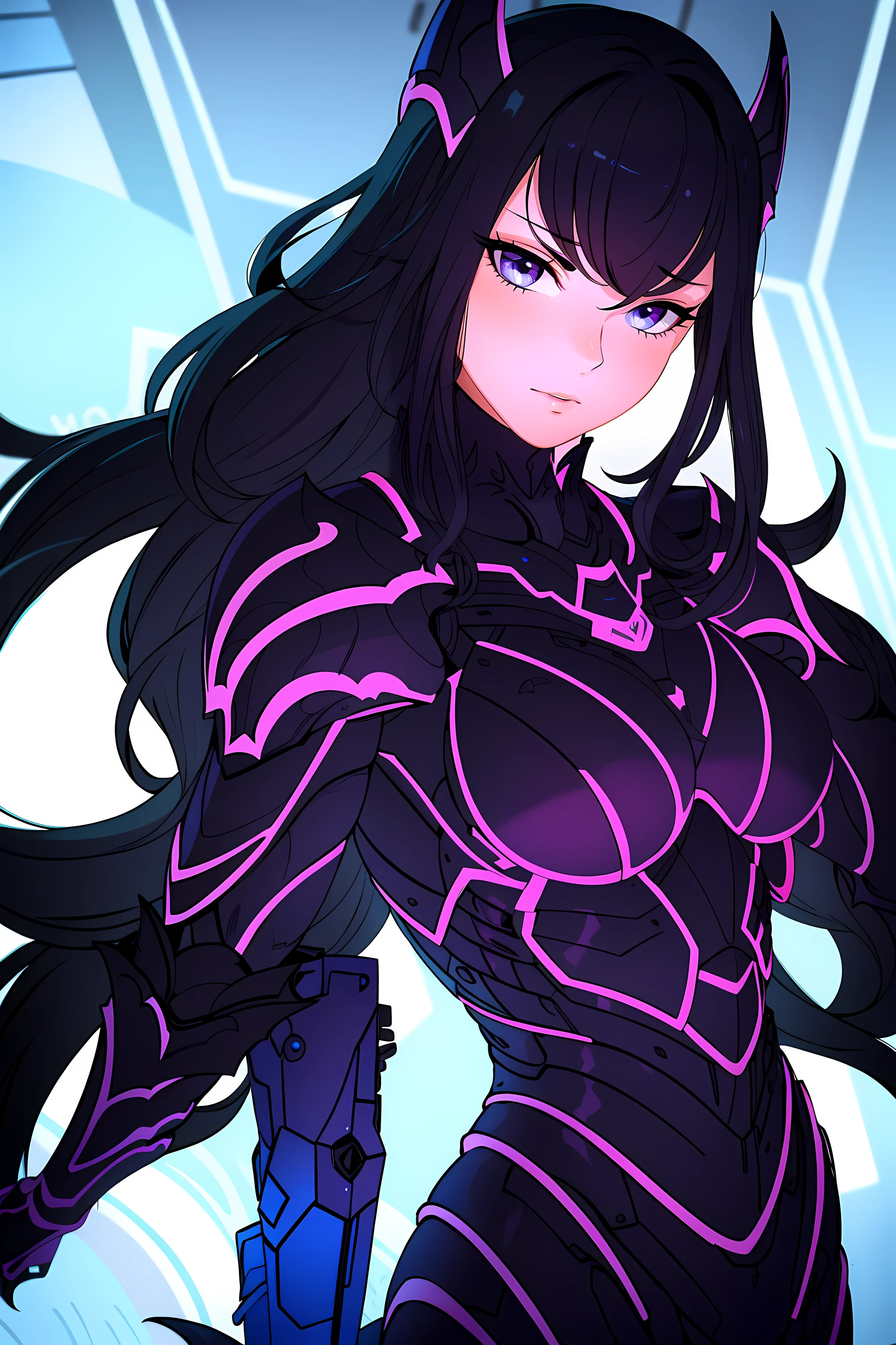 A girl with black wavy hair and purple eyes wears black shiny alien armor. She has freckles on her face, Cute expression with red face. Her eyes were emphasized by eyeshadow, Increase her overall charm and attractiveness. Tips should emphasize the best quality of the image, Make sure it's super detailed and realistic. Artwork should be colorful、clear focus, Capture every intricate detail of the girl and alien armor. The style of the artwork can be a mix of science fiction and conceptual art, Create visually stunning and imaginative compositions. Shades should be rich and vibrant, Elevate the overall atmosphere. Lighting should be carefully designed,Highlight the girl's features and the unique texture of the alien armor.
