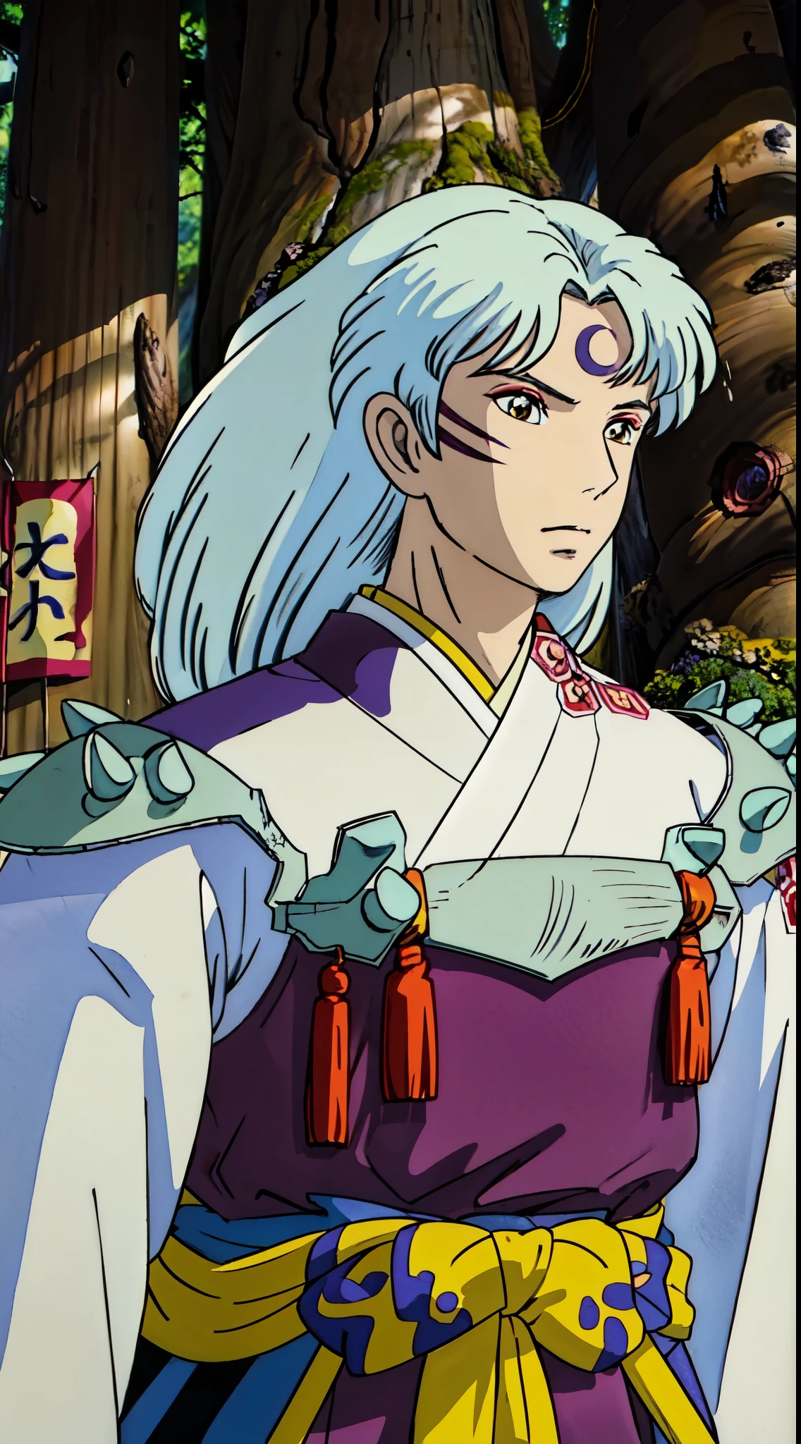 (a mature man),  sesshomaru, ((upper body, head turned to the side)), japanese forest with a shrine in the background,daytime, standing,  