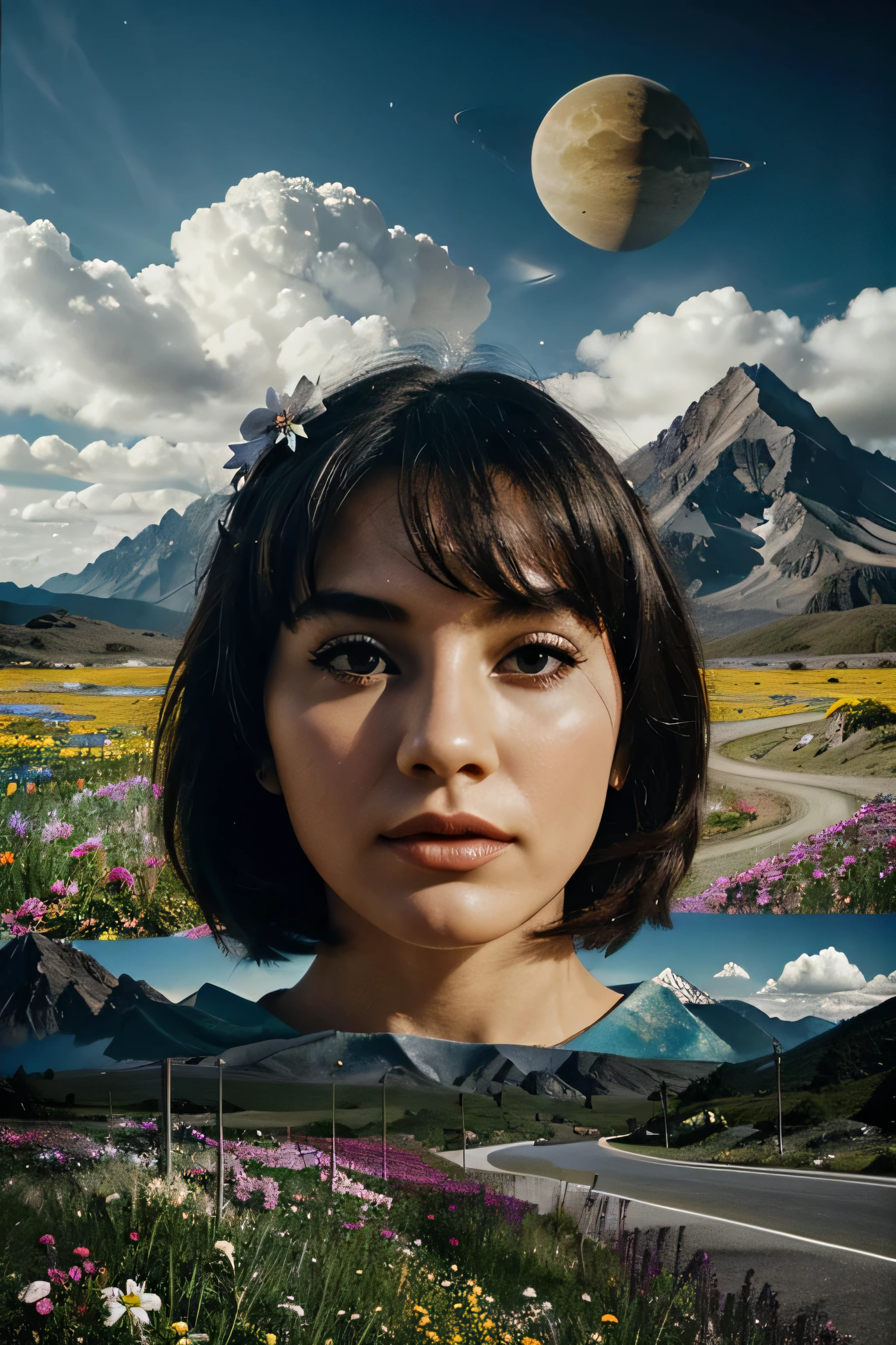 high contrast surreal collage, women, planet, stats, sun, cloud, mountain, road, flowers, muted vibrant colors, 1960s, vintage