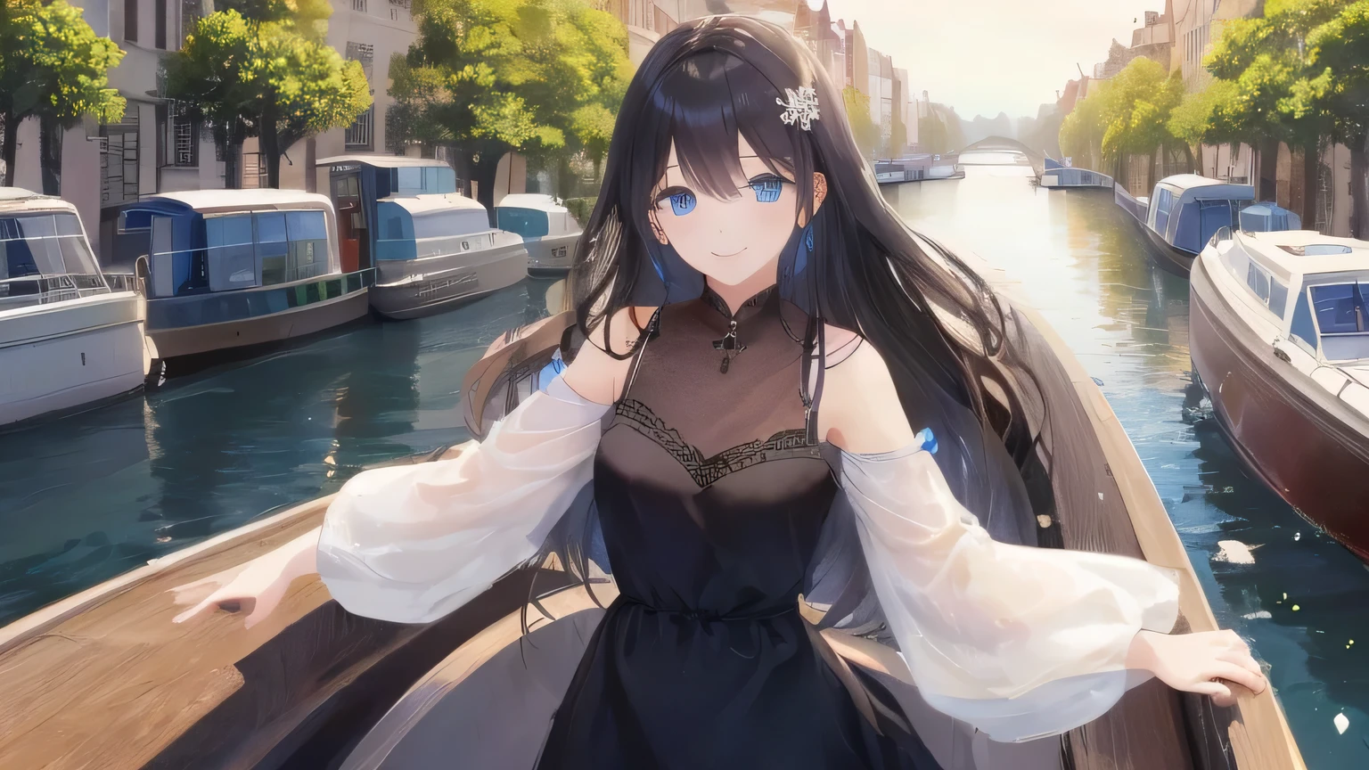 mature woman、black long hair、perm from the shoulders down、blue eyes、smile、small bust、white dress、canal boat ride、