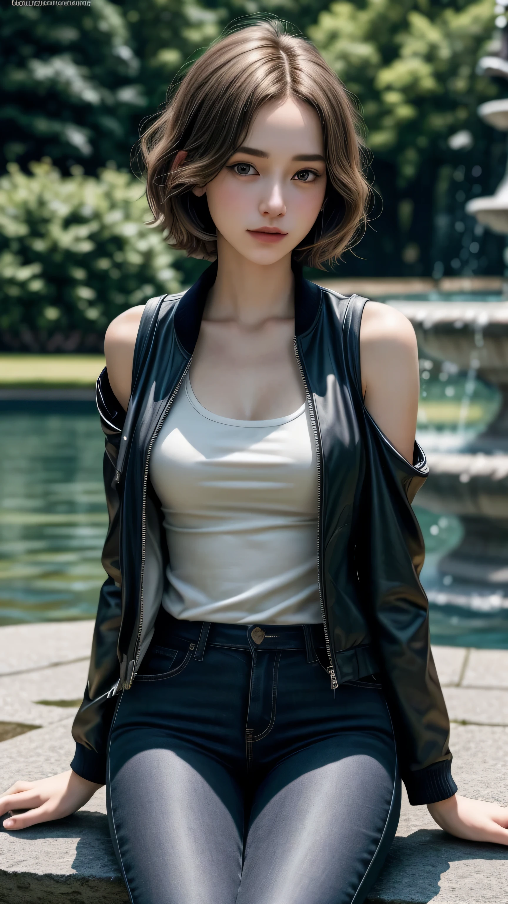 (Photorealistic, realism, realistic detail :1.3), A award winning portrait photograph of a cutie, straight bob short hair with dark blonde color, young European girl. The lovely girl's charming captivates the viewer with her tall, slim body, slender waist, slim hips and delicate defined face. She was smirking and sitting on rim edge of fountain in the park while she wore a loose tank top covered with opend jacket and tight pants.