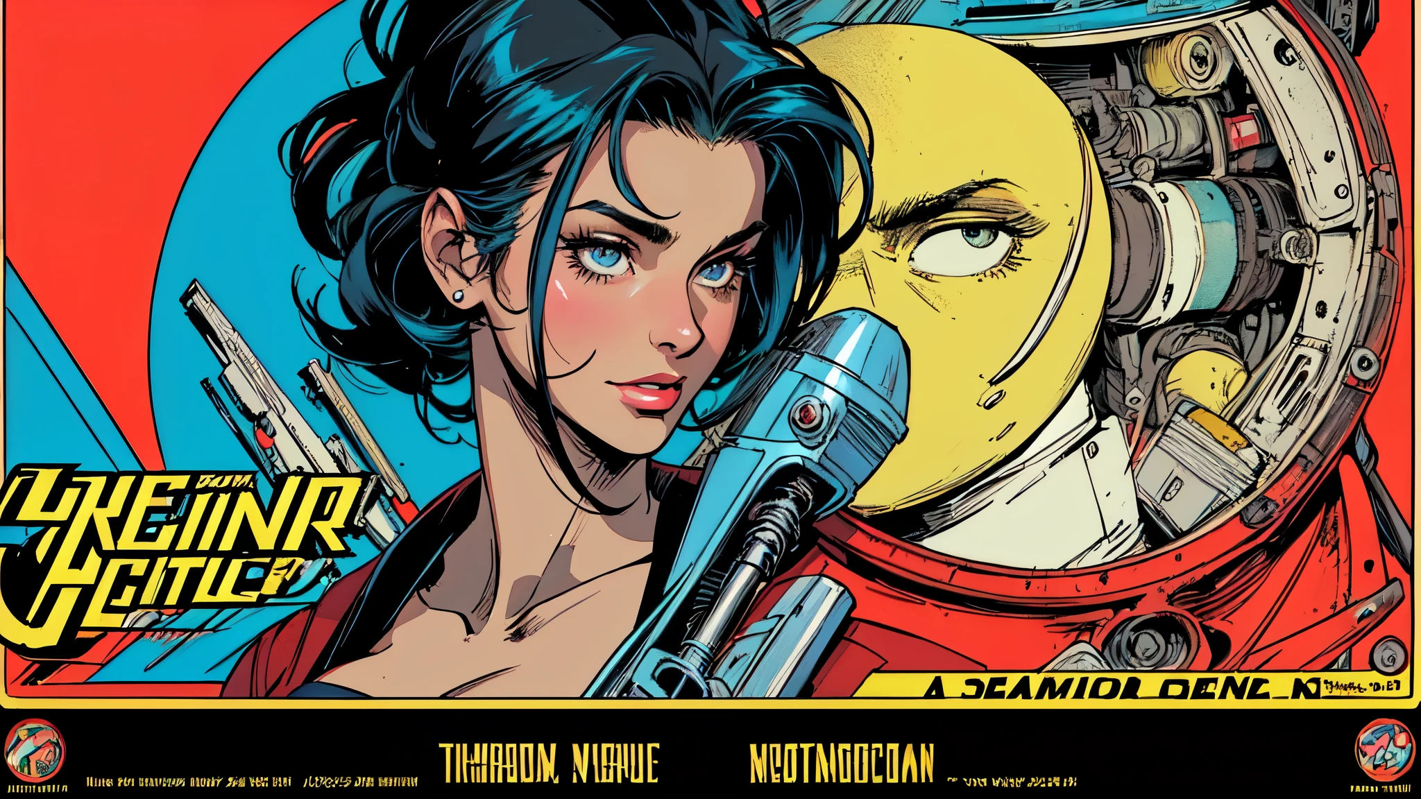 (((highest quality))),masterpiece,absolutely one woman,((perfect super beauty)),detailed perfect face,retro,vintage,classic,the 60's,1970s,(old movie posters),(futuristic),Advertisement,cyber punk,American Comics,perfect fingers,perfect physical beauty,perfect body,anime,Mechanical,mechanic,cleavage,