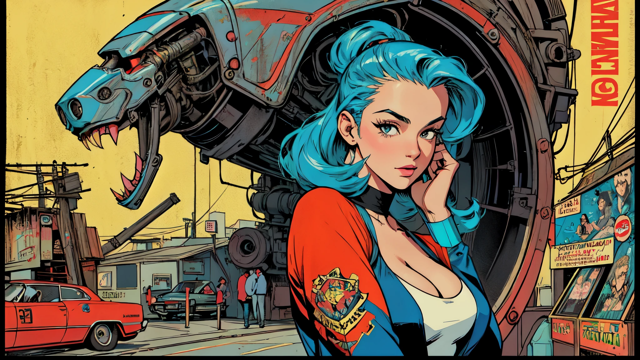 (((highest quality))),masterpiece,absolutely one woman,((perfect super beauty)),detailed perfect face,retro,vintage,classic,the 60's,1970s,(old movie posters),(futuristic),Advertisement,cyber punk,American Comics,perfect fingers,perfect physical beauty,perfect body,anime,Mechanical,mechanic,cleavage,