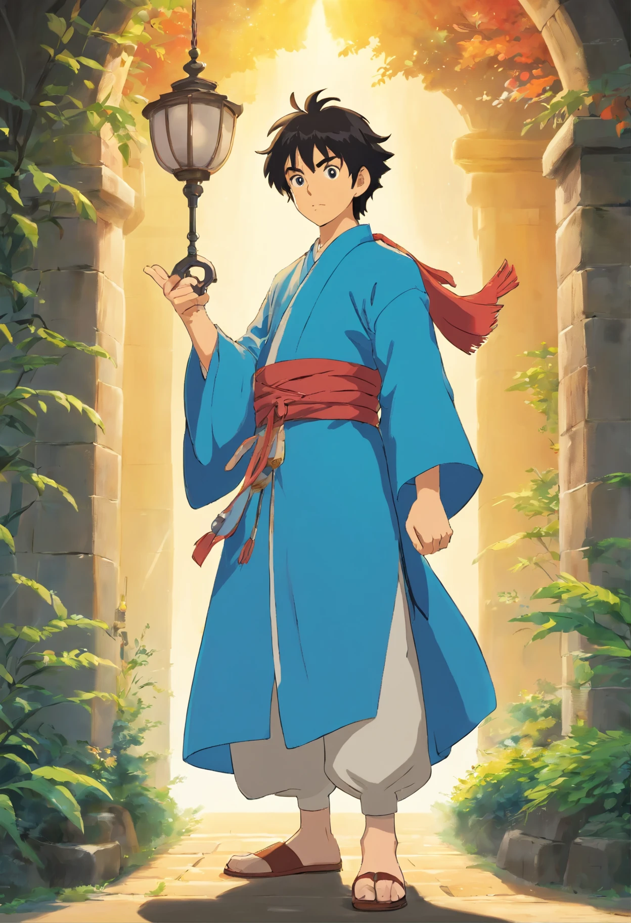 (masterpiece), (best quality), (ultra detailed),(illustration), (1male), (Fashionable clothing), standing, looking at viewer, (interview), (simple background), detailed eyes, blue skin, Floating,(high saturation),(shining), focus on face, black hair, black eyes, monk armor, (shining), best lighting, best shadow, sickle wepon, 
