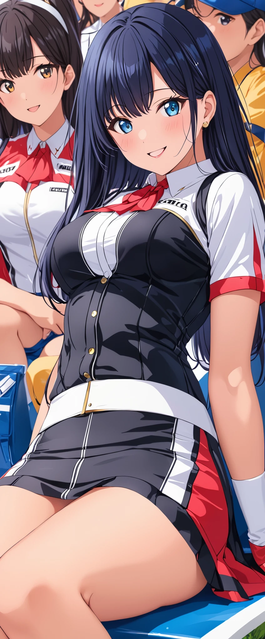 1 female,black hair,14 years old,(((Shiny race queen uniform with exposed belly button)))(((blush、open mouth smile)),(((straight hair))),(((portrait))),crowd,,(wet with sweat)(leather thigh high boots)(((beautiful breasts)))((sit))