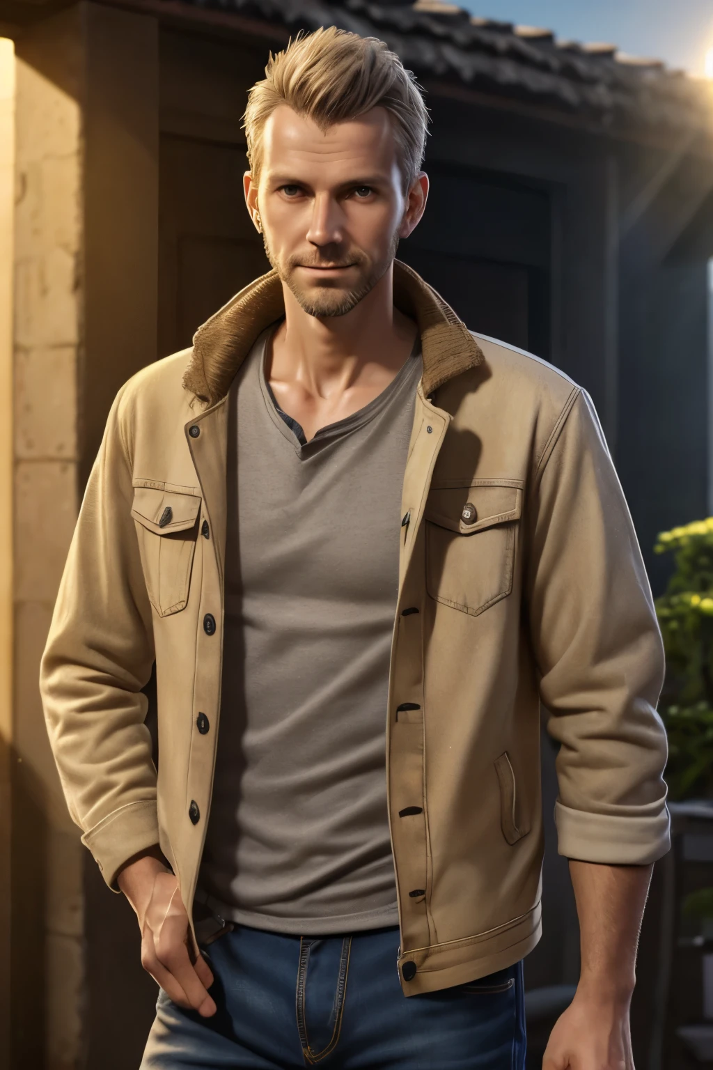 photo portrait of a Lanky 35 year old Swedish man with Medium complexion wearing a Beige Denim jacket, detailed clothes, textured clothes, outdoors, hdr, Studio quality, studio lighting, sharp focus, (diffuse light:1.3), (soft light:1.5), global illumination,