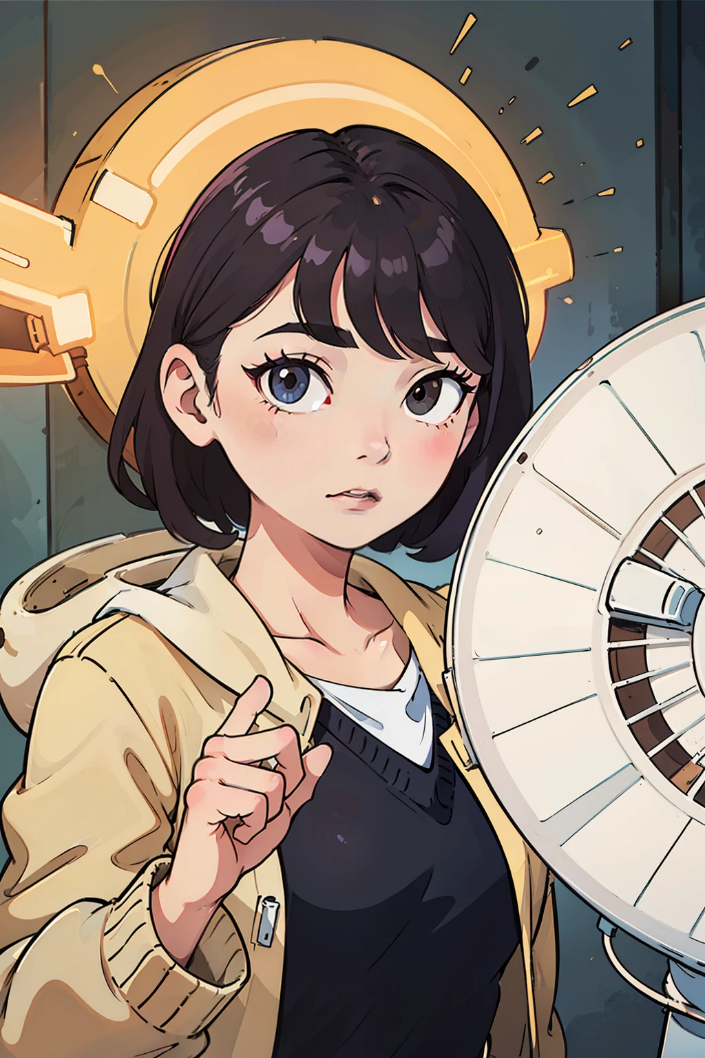 a young , curious, looking at an electric fan. The 's mother is nearby, cautioning them not to put their fingers inside the fan.