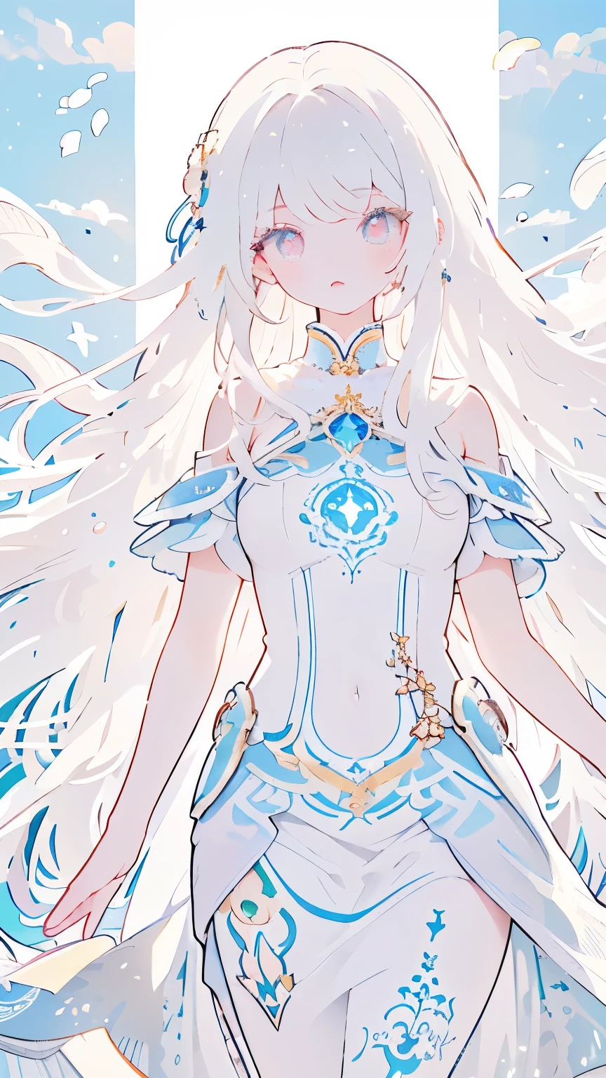 , long hair, Medium chest, whole body像，beautiful hair, white hair, ((super long hair)), blue and pink gradient eyes, White skin, high quality, white military uniform, high resolution, HD, Dynamic, masterpiece, best quality, super detailed, illustration, Beautifully detailed eyepieces)), ((best quality)), ((super detailed)), (illustration), (detail light), ((Very delicate and beautiful)) , (Beautiful and delicate eyes), (Sunlight), 1 girl, alone, whole body: 1.2, Beautiful and delicate girl, (perfect anatomy), (correct limbs), top quality, extremely detailed masterpiece, ( Ultra-realistic illustration), looking at the audience, alone focus, whole body