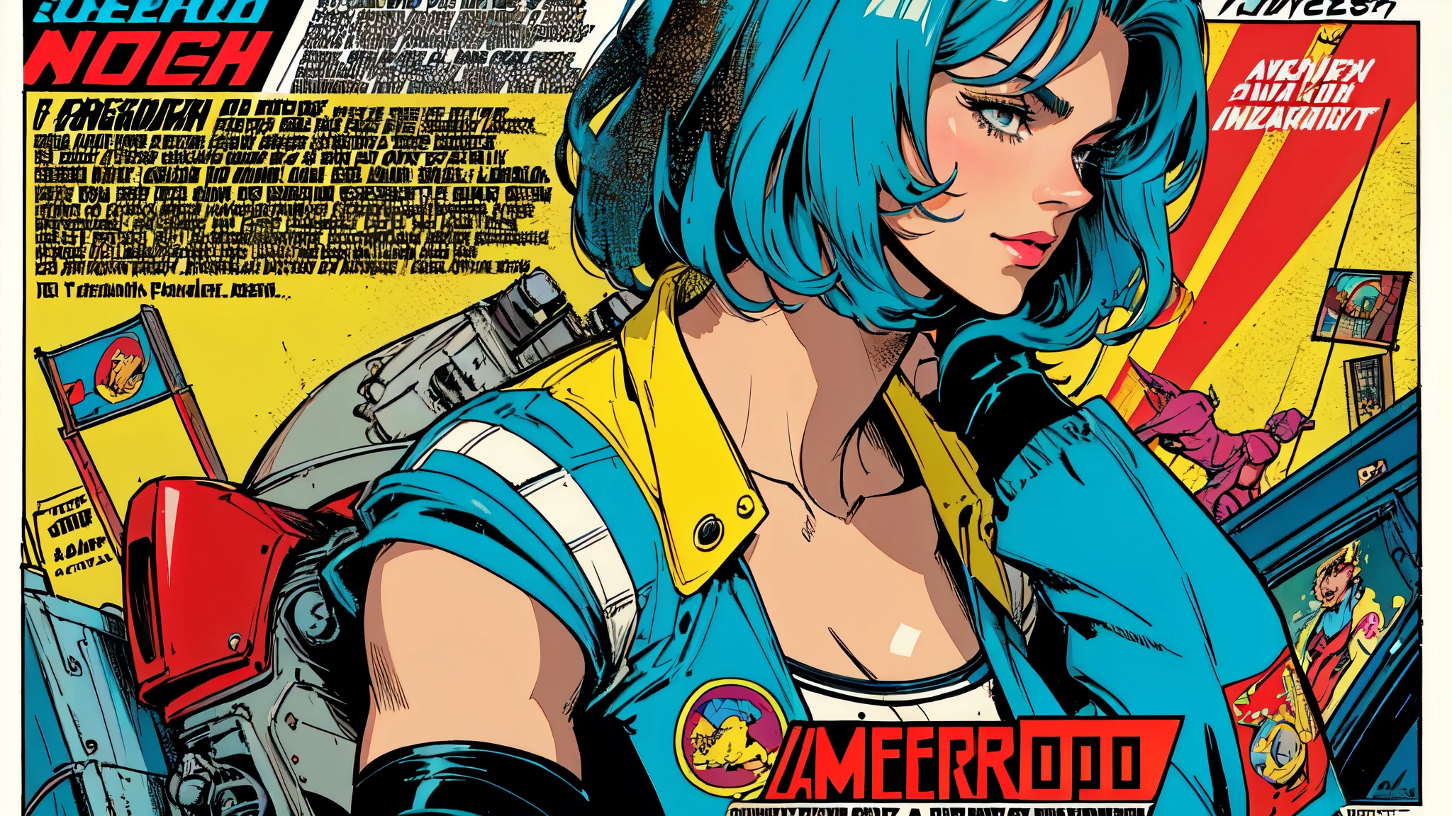 (((highest quality))),masterpiece,((absolutely one woman)),((perfect super beauty)),detailed perfect face,retro,vintage,classic,the 60&#39;s,1970s,(old movie posters),(futuristic),Advertisement,cyber punk,American Comics,perfect fingers,perfect physical beauty,perfect body,anime,Mechanical,mechanic,cleavage,comics,American comics