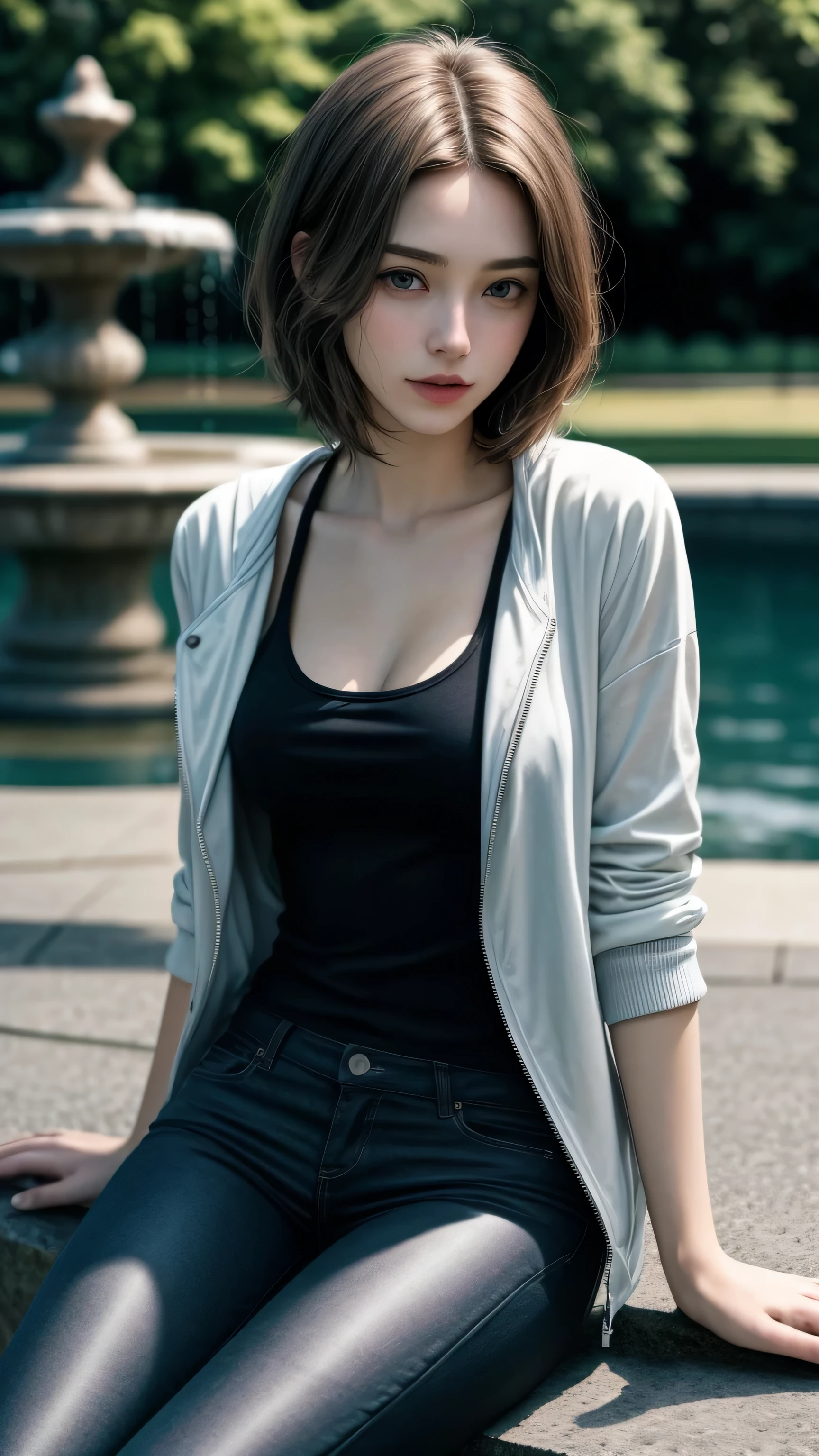 (Photorealistic, realism, realistic detail :1.3), A award winning portrait photograph of a cutie, straight bob short hair with dark blonde color, young European girl. The lovely girl's charming captivates the viewer with her tall, slim body, slender waist, slim hips and delicate defined face. She was smirking and sitting on rim edge of fountain in the park while she wore a loose tank top covered with opend jacket and tight pants.