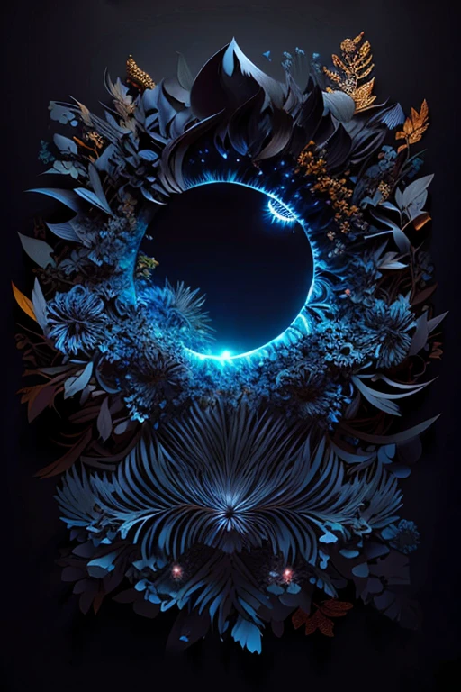 (Masterpiece: 1.1), (Abstract 3D Art: 1.2), half sun and half moon shapes, intricately lit, (Foliage and flowers: 1.3), black velvet background,
(Best quality: 1.05), ultra-high definition, photorealistic: 1.5), 3D rendered image,
(3D light source: 1.1), casting ethereal glow,
(Lush landscapes: 1.3), vibrant foliage and blooming flowers,
(Black backdrop: 1.1), setting a dramatic contrast,
(Surreal beauty: 1.2), expans
