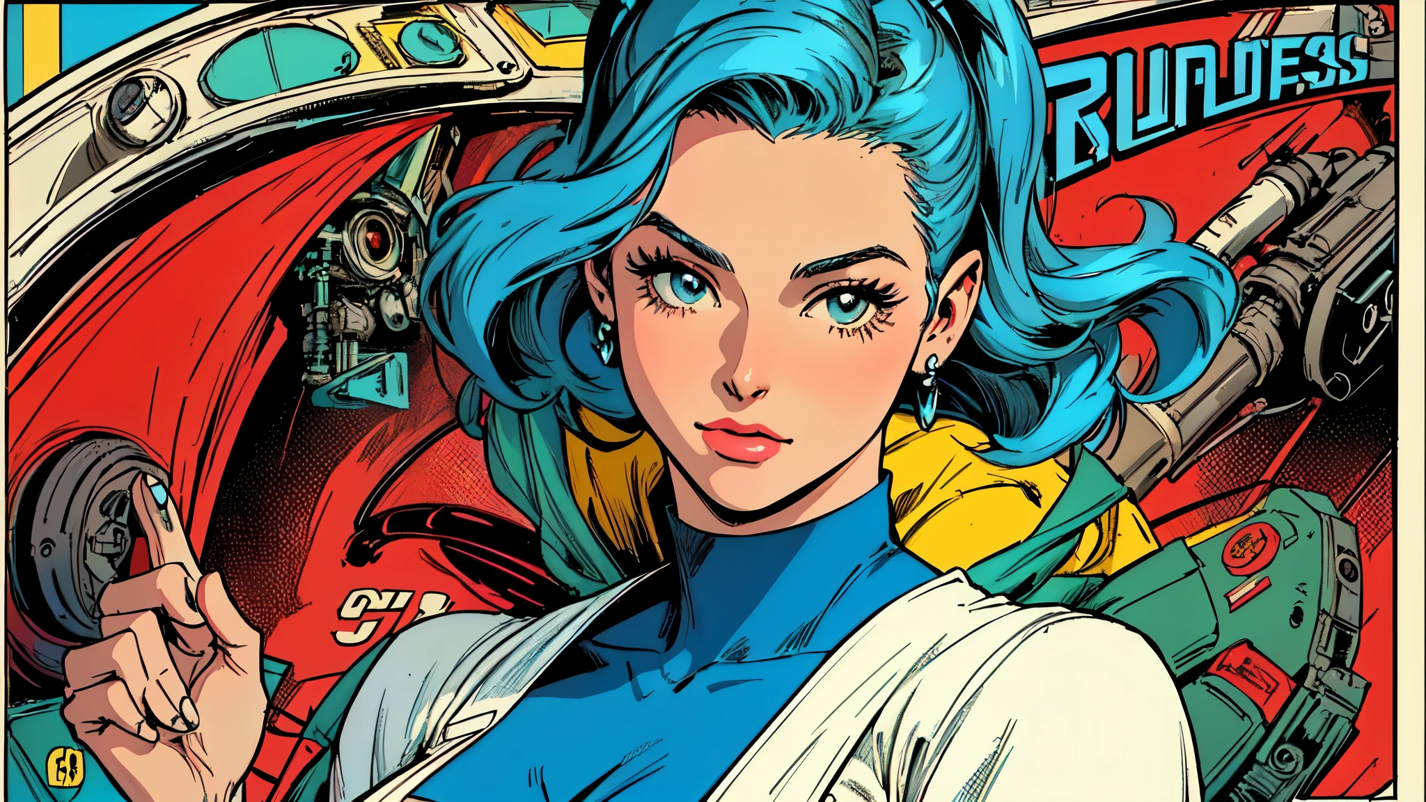 (((highest quality))),masterpiece,((absolutely one woman)),((perfect super beauty)),detailed perfect face,retro,vintage,classic,the 60&#39;s,1970s,(old movie posters),(futuristic),Advertisement,cyber punk,American Comics,perfect fingers,perfect physical beauty,perfect body,anime,Mechanical,mechanic,cleavage,comics,American comics