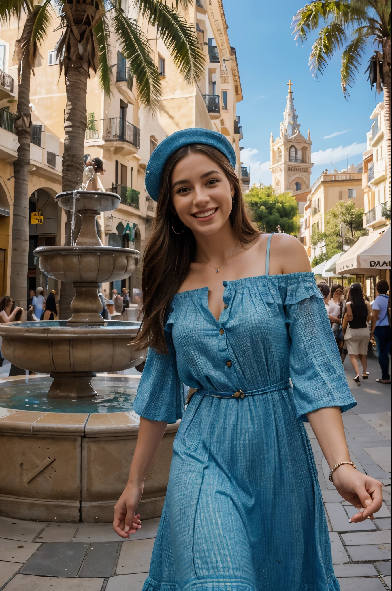 (best quality,highres,ultra-detailed:1.2), HDR, vivid colors, beautiful girl, Barcelona square, lively atmosphere, charming architecture, colorful flowers, happy people, stunning view, cozy cafe, outdoor dining, sunny weather, elegant dress, stylish hat, joyful expression, long flowing hair, vibrant street performers, bustling crowd, street musicians, mouthwatering food stands, historical landmarks, mosaic pavement, decorative fountains, palm trees, blue sky, warm sunshine, laughter and laughter, carefree moments