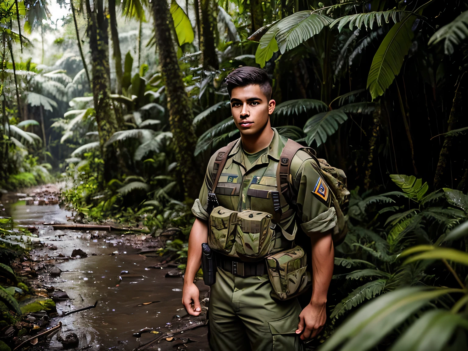 Photographic Journalism, handsome young soldier, 25 years old , In the middle of the rainforest