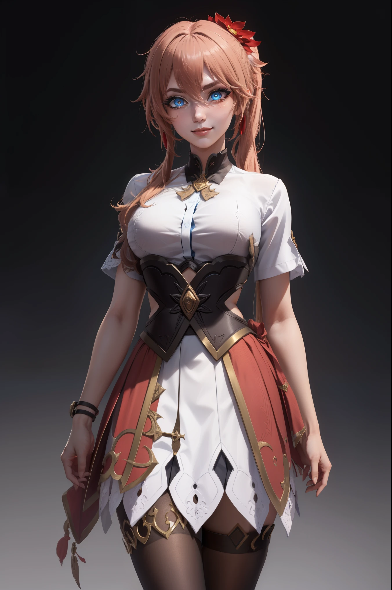 guinaifen,long hair,side ponytail,bangs,hair between eyes,
BREAK (konekouniform, school uniform, white shirt, skirt, red skirt, black ribbon, masterpiece, black corset, kneehighs, black socks:1.2)
BREAK simple background 
BREAK tall body, tall, long legs, mature female, mature, adult, smile, standing, closed mouth,
BREAK (masterpiece:1.2), best quality, high resolution,NSW ,unity 8k wallpaper, (illustration:0.8), (beautiful detailed eyes:1.6), extremely detailed face, perfect lighting, extremely detailed CG, (perfect hands, perfect anatomy),