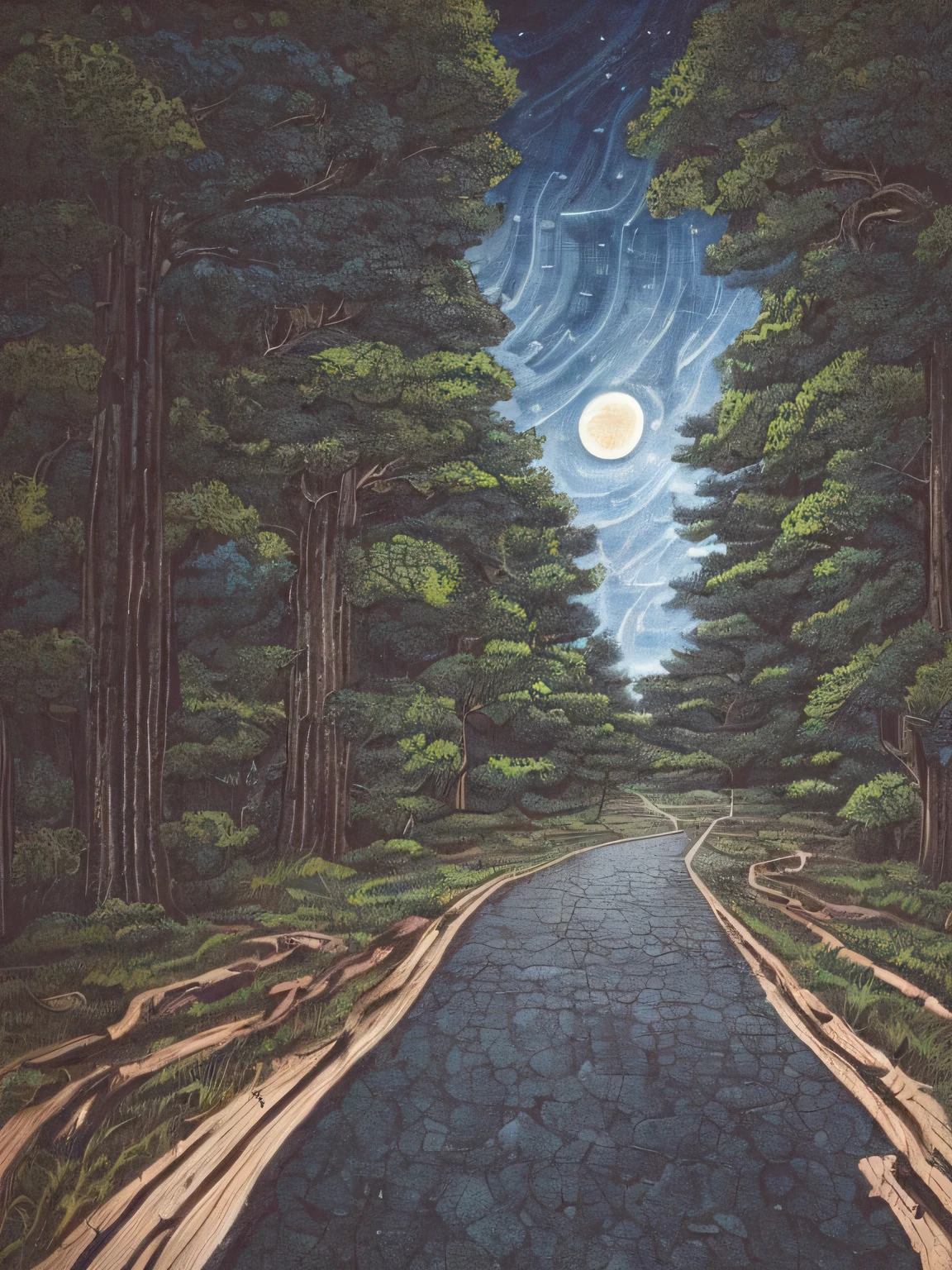 Very good 8KCG wallpaper, very fine 8K CG wallpaper, watercolor (moderate), (((dark, คืนที่darkมิด, deep night, moon))) ((sky color: dark blue)) (((natural background, rock formation, wood))), route, meadow, ((outdoor)) (((Deleting a character))) (((Not including people.)))