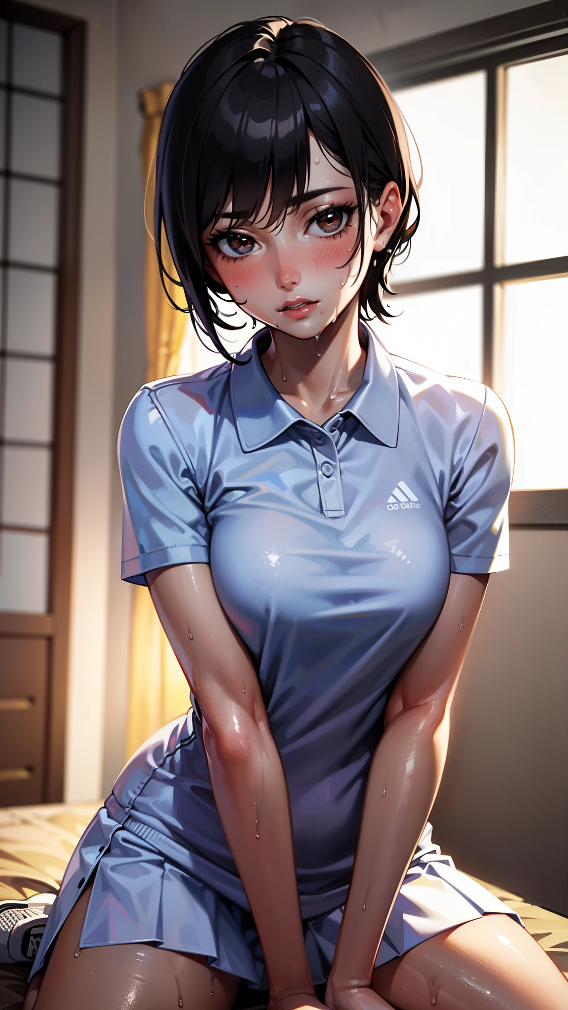 1girl, solo, white polo shirt, white sneakers, tennis wear, white miniskirt, masterpiece, best quality, realistic, hyper-detailed, (shiny skin, sweaty:1.4), absurd, looking at viewer, short black hair, brown eyes, slender, dynamic lighting, high resolution...