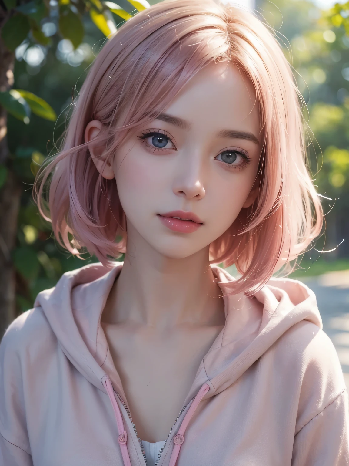 (best quality,4k,8k,highres,masterpiece:1.2),ultra-detailed,(realistic,photorealistic,photo-realistic:1.37),beautiful detailed eyes,pink short hair,hoodie,soft smile,twinkling eyes,fair skin,sparkling eyes,feminine,slightly tilted head,gentle expression,natural lighting,dreamy,subtle shadows,vivid colors,portrait,close-up,ethereal,subtle blush