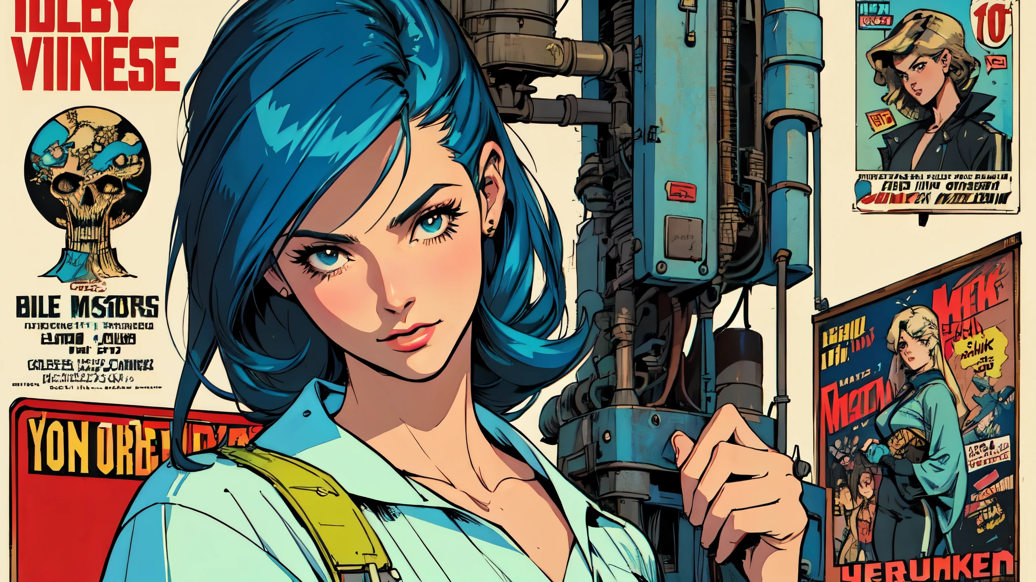 (((Top quality and masterpiece))),((absolutely one beautiful woman)),retro,vintage,the 60's,1970s,(old movie posters),near future,Advertisement,cyber punk,American Comics,perfect and highly detailed face,perfect fingers,perfect physical beauty,perfect body,anime,Mechanical,mechanic,Big Cartoon,American comics