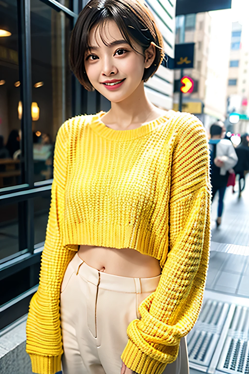 (shoulder length straight short black hair: 1.3), （Extremely meticulous CG 8k wallpaper），（Extremely refined and beautiful），（Masterpiece），（best qualtiy：1.0），（Ultra High Resolution：1.0），beautiful light up，Perfect lightning，realistic shaded，[A high resolution]，Smooth and flawless fair skin，Extremely exquisite facial details，（perfect body：1.1），ultra - detailed，A beautiful girl，small head,(Small breasts:1.1)，Flat chests，slim，thin，Smile，cheerfulness，(yellow sweater:1.5），（yellow long denim pants:1.3),Slender legs,(Black military boots:1.2),standing,(Well-cut abdominal muscles:1.2),At a convenience store, bright lights,Portrait photo