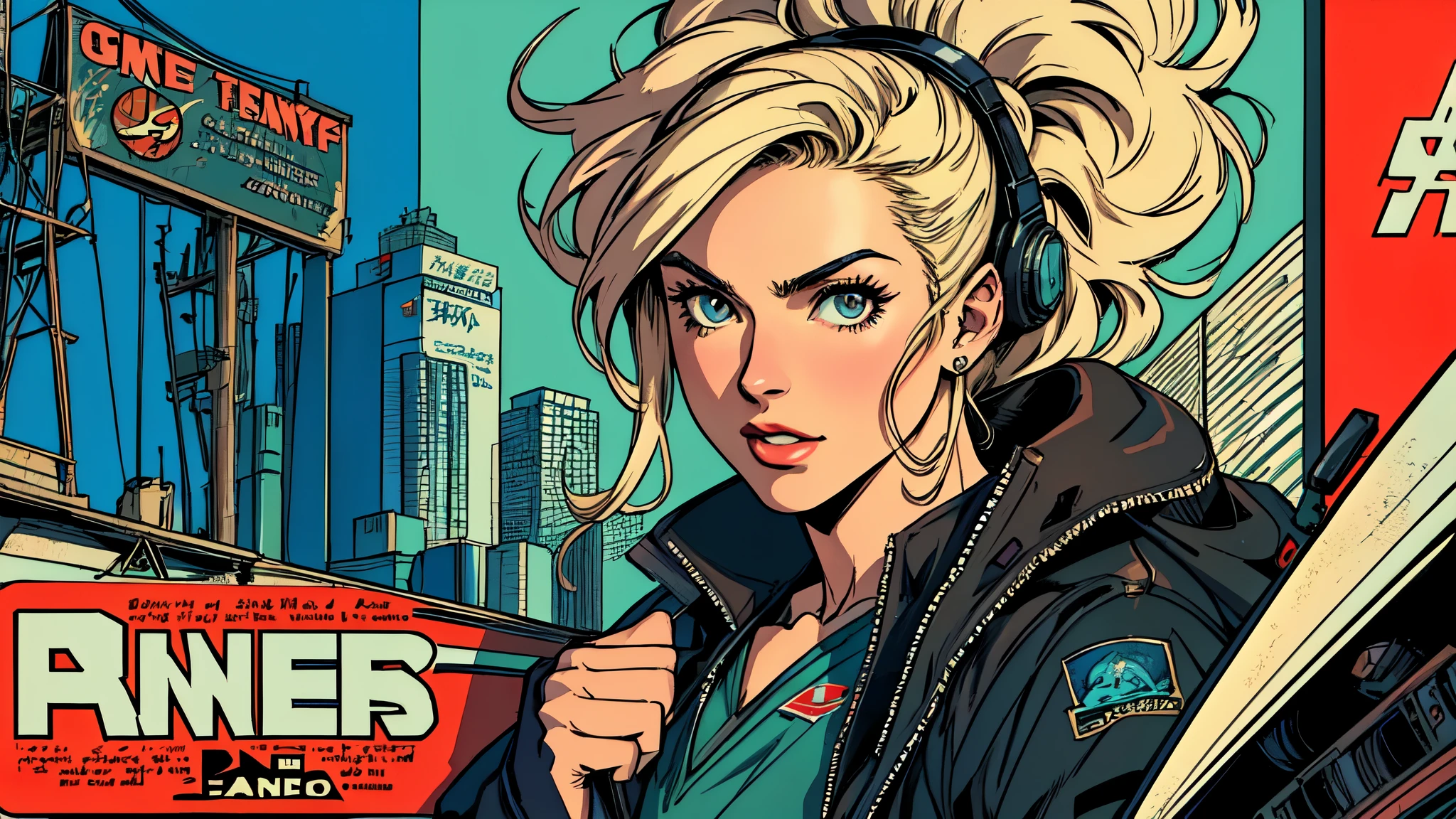 (((Top quality and masterpiece))),((absolutely one beautiful woman)),retro,vintage,the 60's,1970s,(old movie posters),near future,Advertisement,cyber punk,American Comics,perfect and highly detailed face,perfect fingers,perfect physical beauty,perfect body,anime,Mechanical,mechanic,Big Cartoon,American comics
