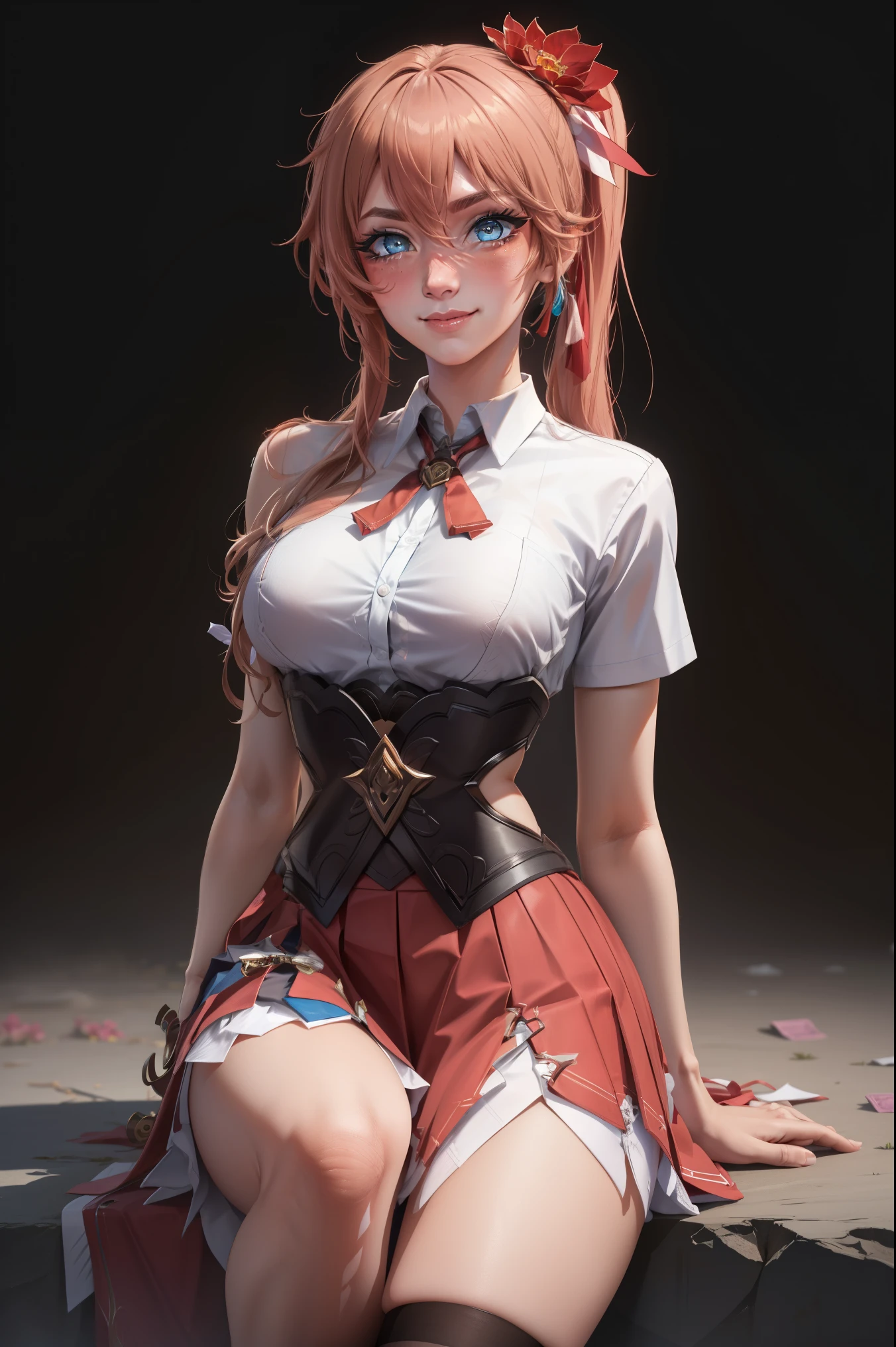 guinaifen,long hair,side ponytail,bangs,hair between eyes,
BREAK (konekouniform, school uniform, white shirt, skirt, red skirt, black ribbon, masterpiece, black corset, kneehighs, black socks:1.2)
BREAK simple background
BREAK thighs, smiling, (blushing:1.3), condom in mouth, (breathing:1.3),
BREAK (masterpiece:1.2), best quality, high resolution,NSW ,unity 8k wallpaper, (illustration:0.8), (beautiful detailed eyes:1.6), extremely detailed face, perfect lighting, extremely detailed CG, (perfect hands, perfect anatomy),