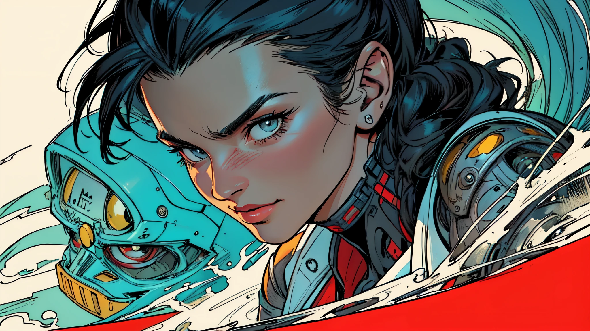 (((Top quality and masterpiece))),((absolutely one beautiful woman)),retro,vintage,the 60&#39;s,1970s,(old movie posters),near future,Advertisement,cyber punk,American Comics,perfect and highly detailed face,perfect fingers,perfect physical beauty,perfect body,anime,Mechanical,mechanic,Big Cartoon,American comics
