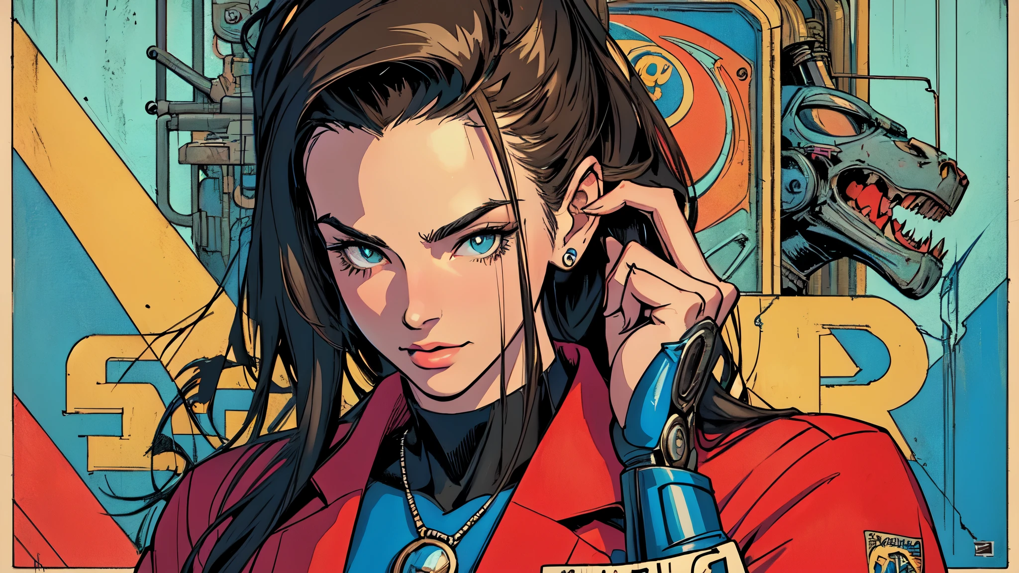 (((Top quality and masterpiece))),((absolutely one beautiful woman)),retro,vintage,the 60's,1970s,(old movie posters),near future,Advertisement,cyber punk,American Comics,perfect and highly detailed face,perfect fingers,perfect physical beauty,perfect body,anime,Mechanical,mechanic,Big Cartoon,American comics