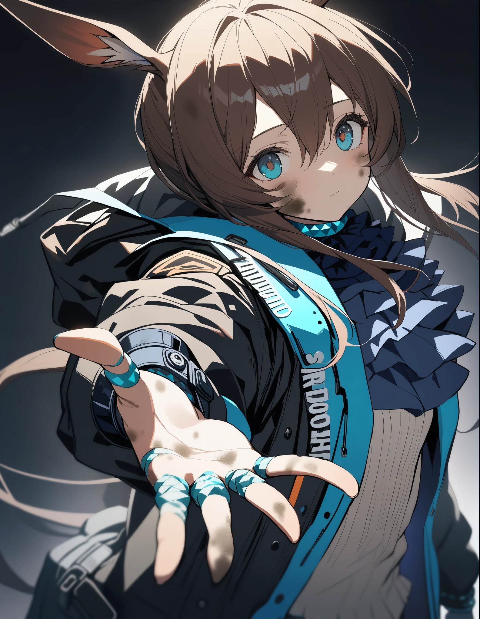 1 girl, Amiya \(arknights\), arknights, dirty face, outstretched hand, close, cinematic angle, shortening, dark, dark background, masterpiece, highest quality