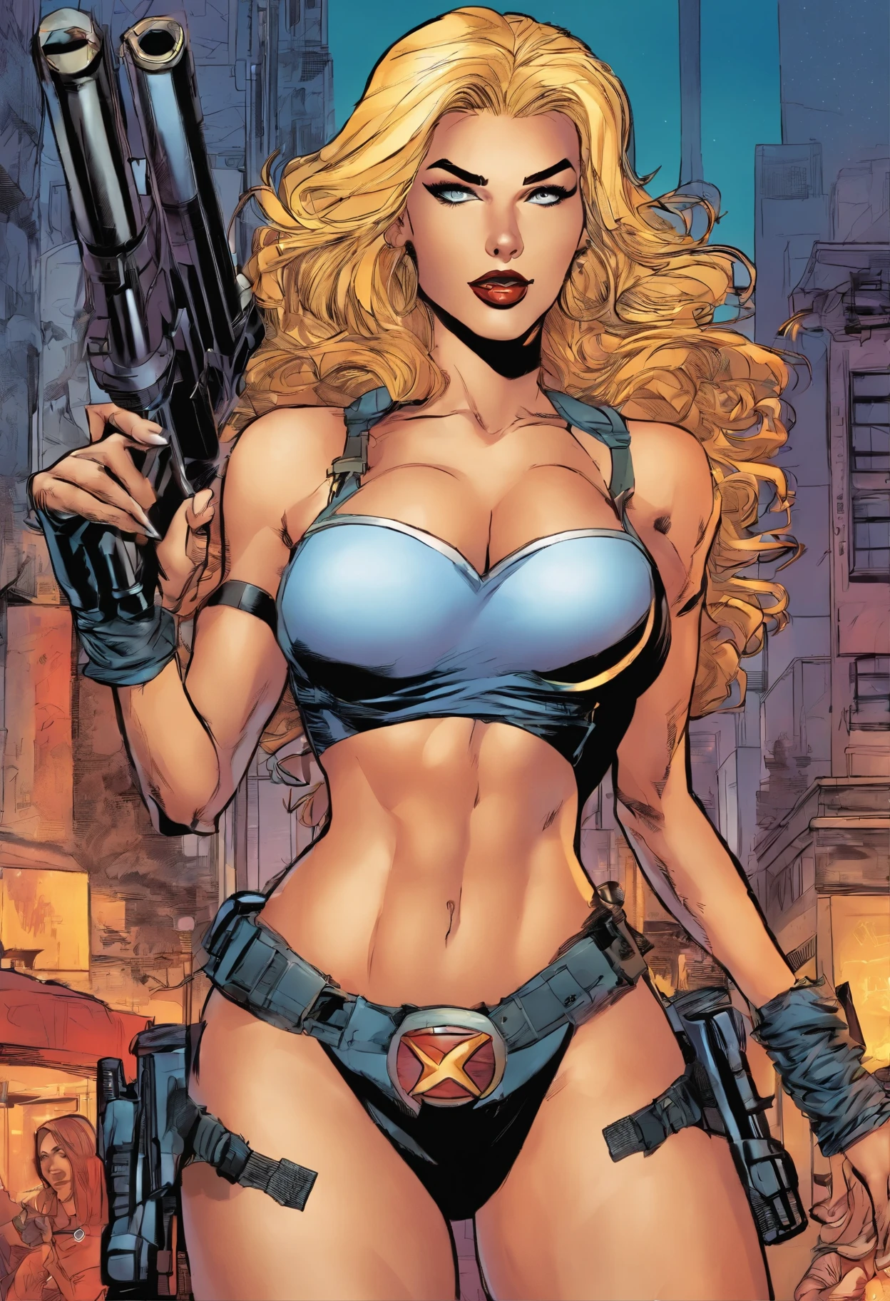 comic cover, American comics, sexy superheroine in an erotic pose holding a machine gun