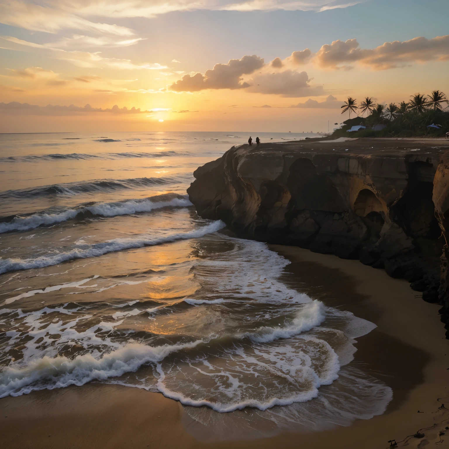 orang di pantai menikmati sunset