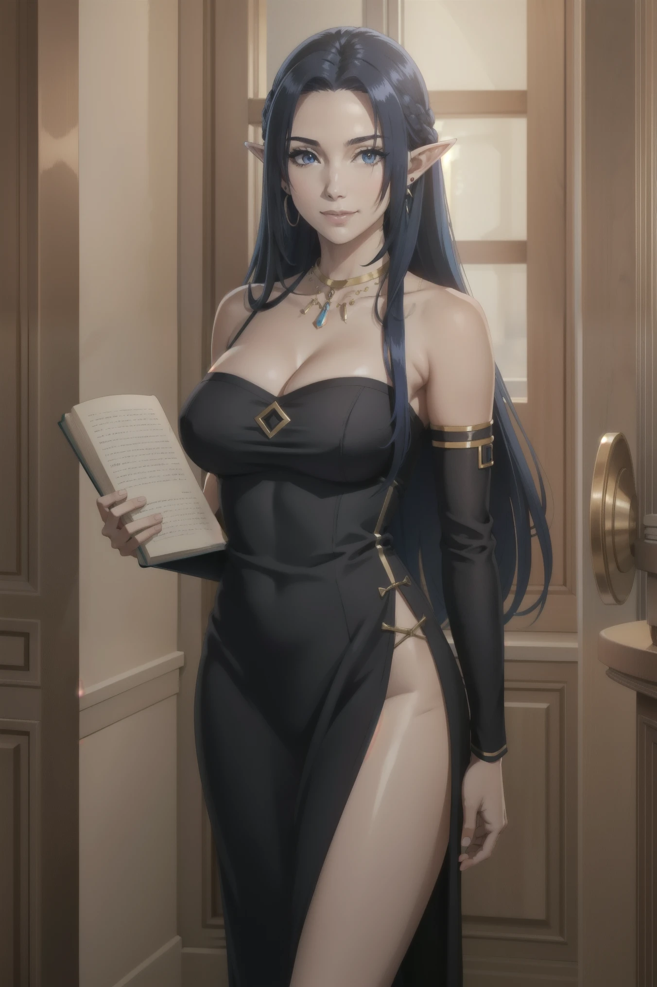 tall body, tall, long legs, mature female, mature, adult, simple background
eft_eminence_rich, 1girl, breasts, long hair, pointy ears, dress, solo, cleavage, black dress, very long hair, jewelry, black hair, necklace, large breasts, detached sleeves, indoors, smile, standing, collarbone, earrings, closed mouth, sleeveless, holding, elf, blue hair, book, shiny, bare shoulders