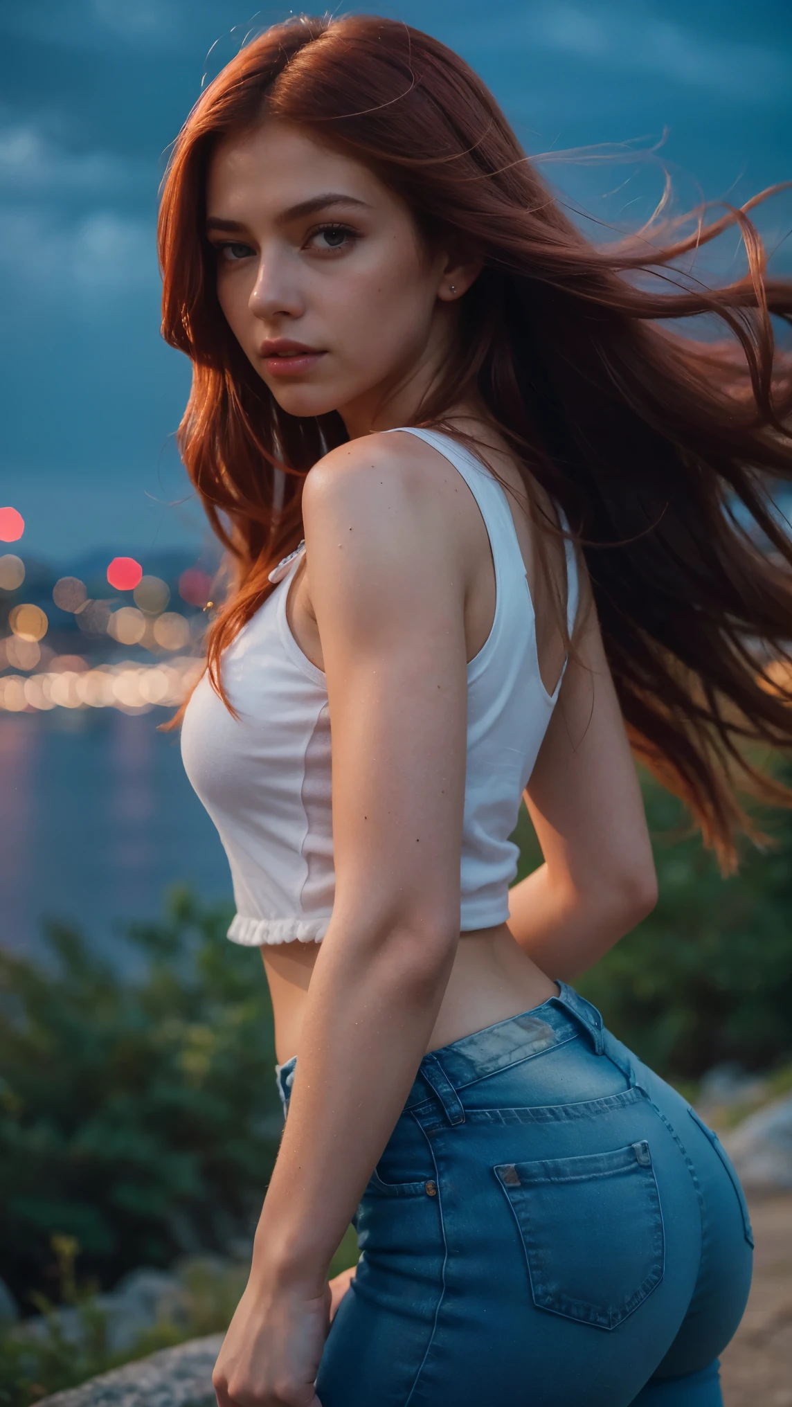 camera flash lighting, motion blur, at night, out of focus and blurry, ISO 100, [color correction] Red hair, Very happy sexy young, very cute girl，With cute big eyes and beautiful plump lips , A bit like Scarlett Johansson and Milla Jovovich, when she was young, Juicy body, Big breasts, Thigh wide,  Standing on the mountain wearing a white top and jeans, Instagram model, with city as background